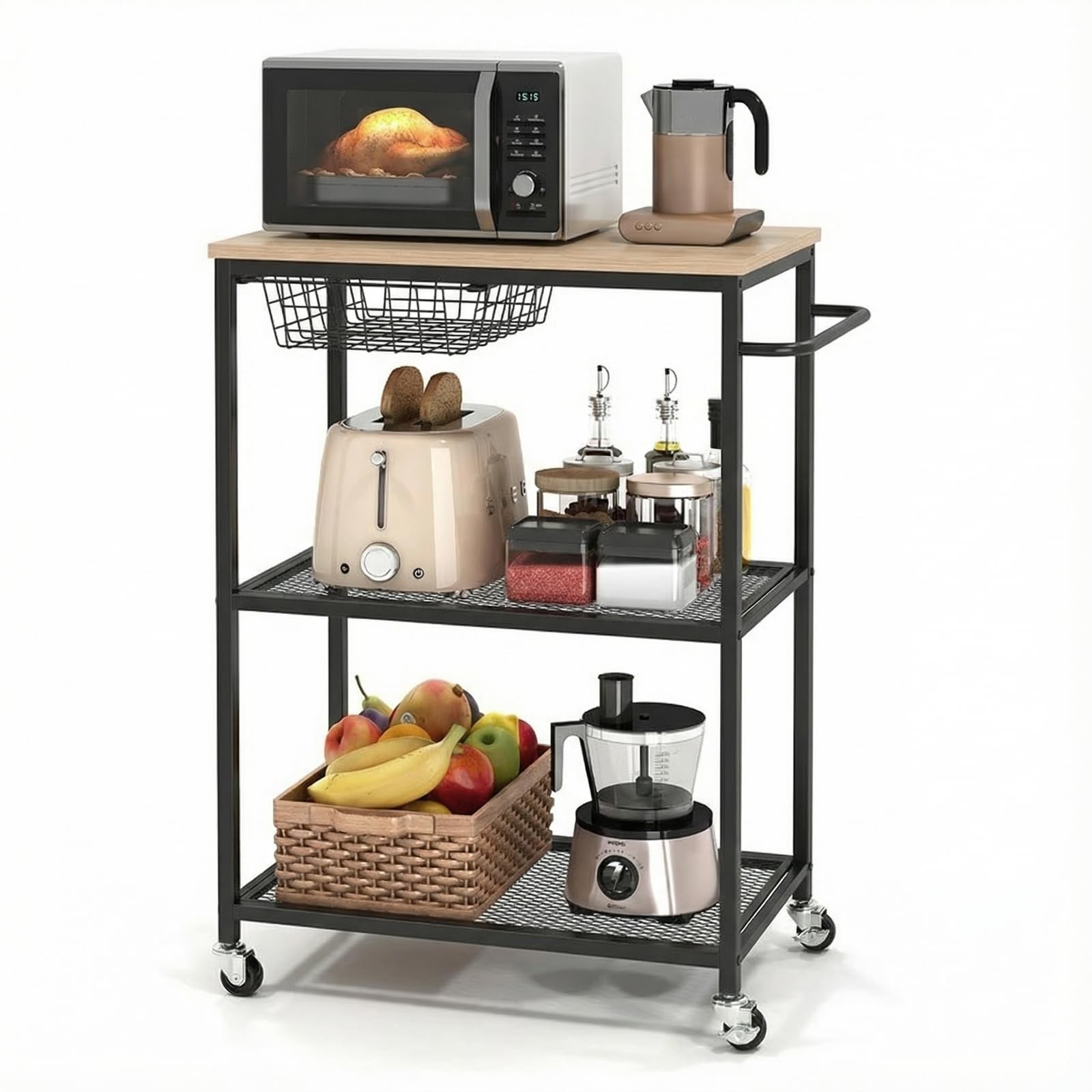 Rolling Kitchen Cart w/Wood Tabletop ,3 Tier Heavy Duty Utility Cart with Wheels