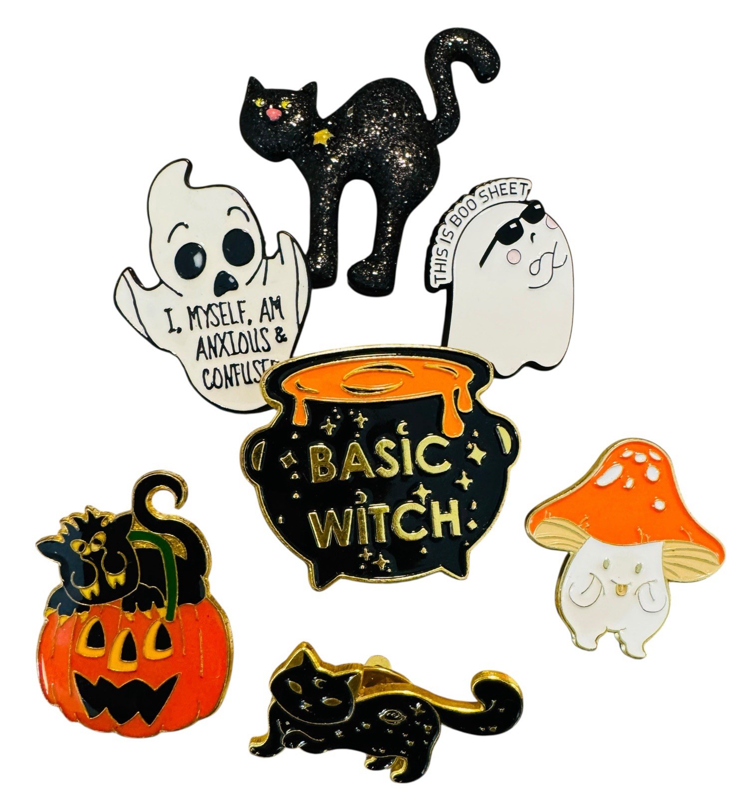 Halloween Pin & Brooch Party Lot (7) Ghosts, Black Cats, Witch Brew, Pumpkin