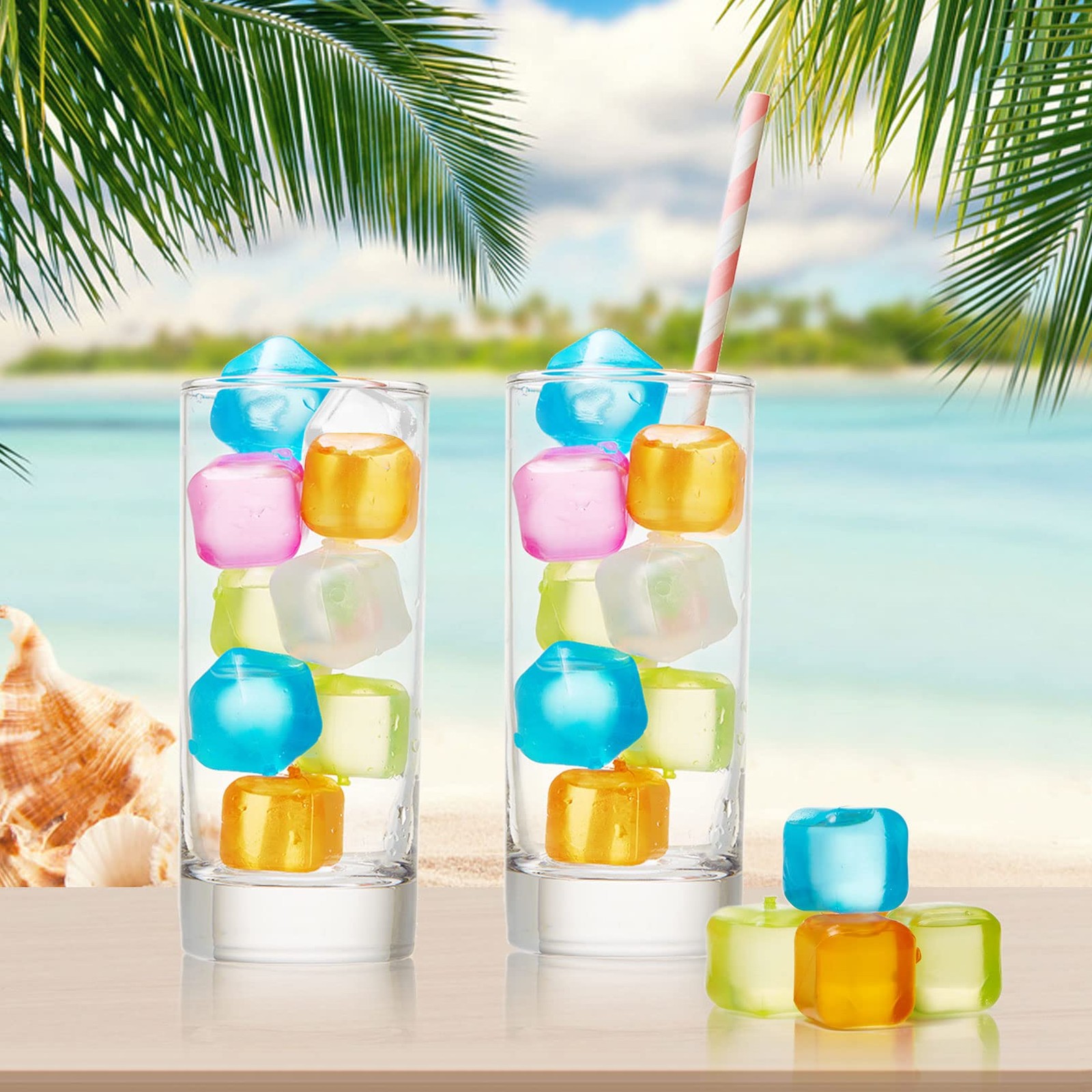 60Pcs Reusable Ice Cubes - Colorful Plastic, Non-Diluting Square Cubes for Dr