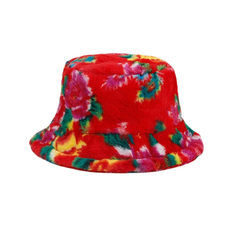 Women's Faux Fur Floral Pattern Fluffy Plush Bucket Hat Winter Fisherman Cap