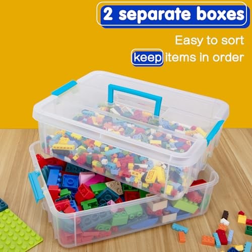 2 Layer Plastic Storage Containers with Lids, Multipurpose Clear Stack & Blue