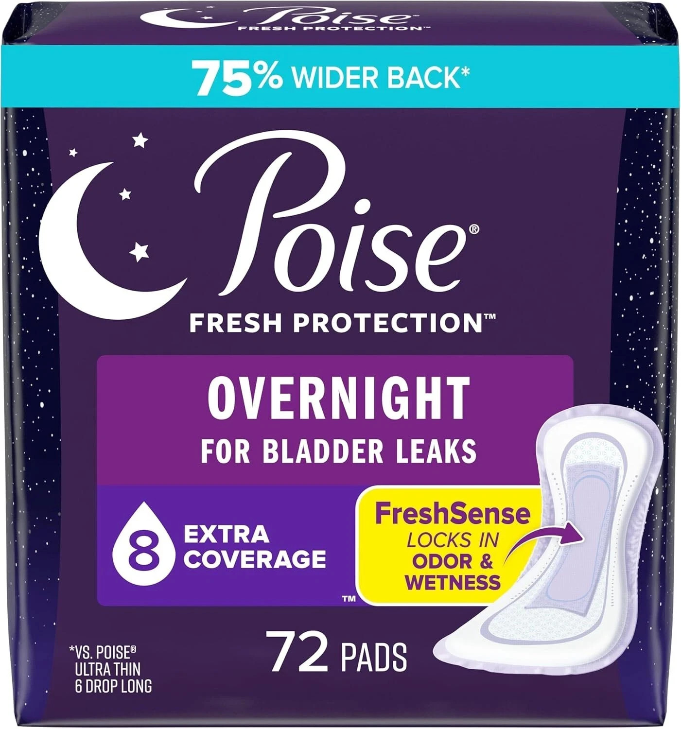 Poise Overnight Incontinence Pads for Women, 8 Drop Extra Coverage, 72 Count