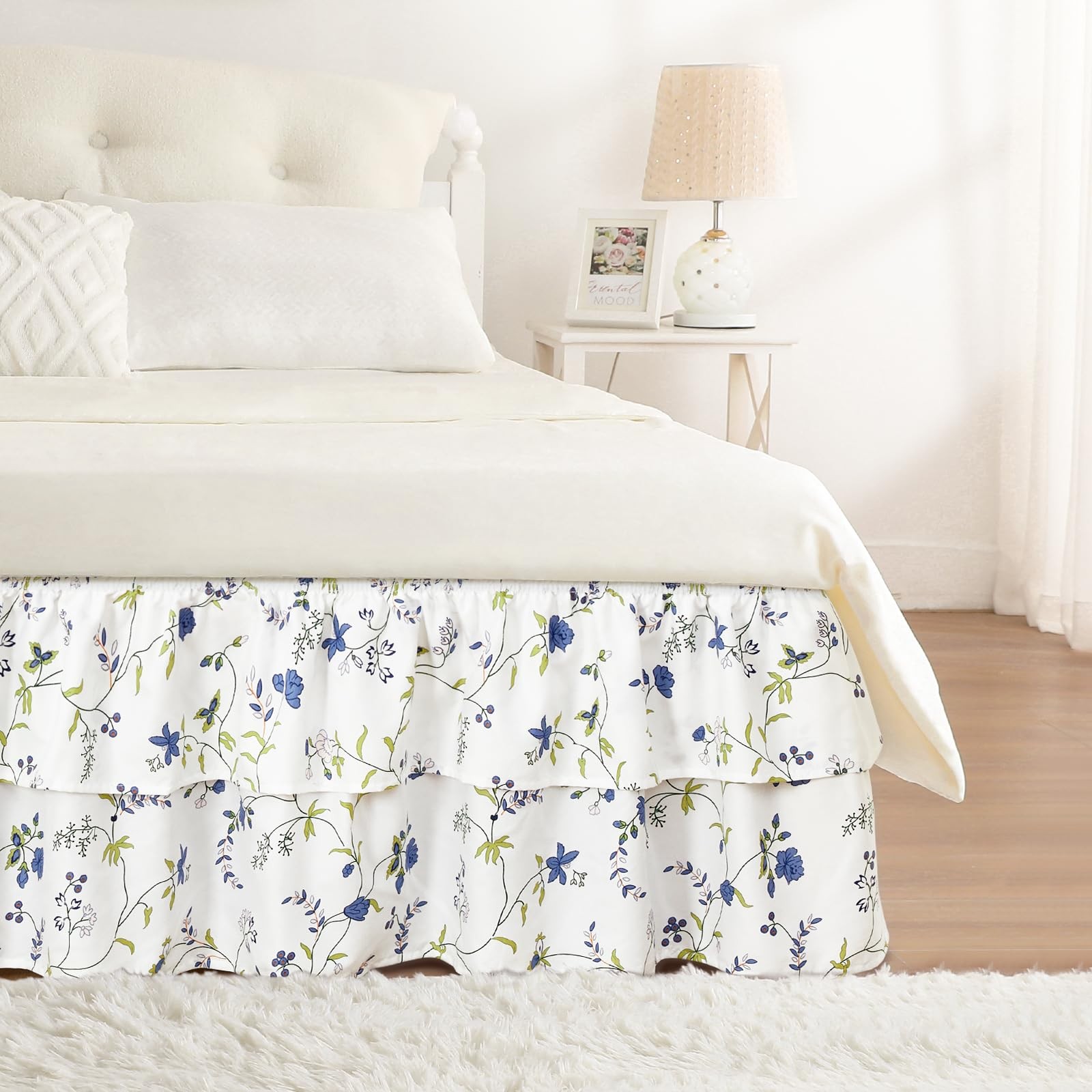 RIMELA Ruffle Bed Skirt Blue Berry Floral Queen 15 Queen-15" Drop,