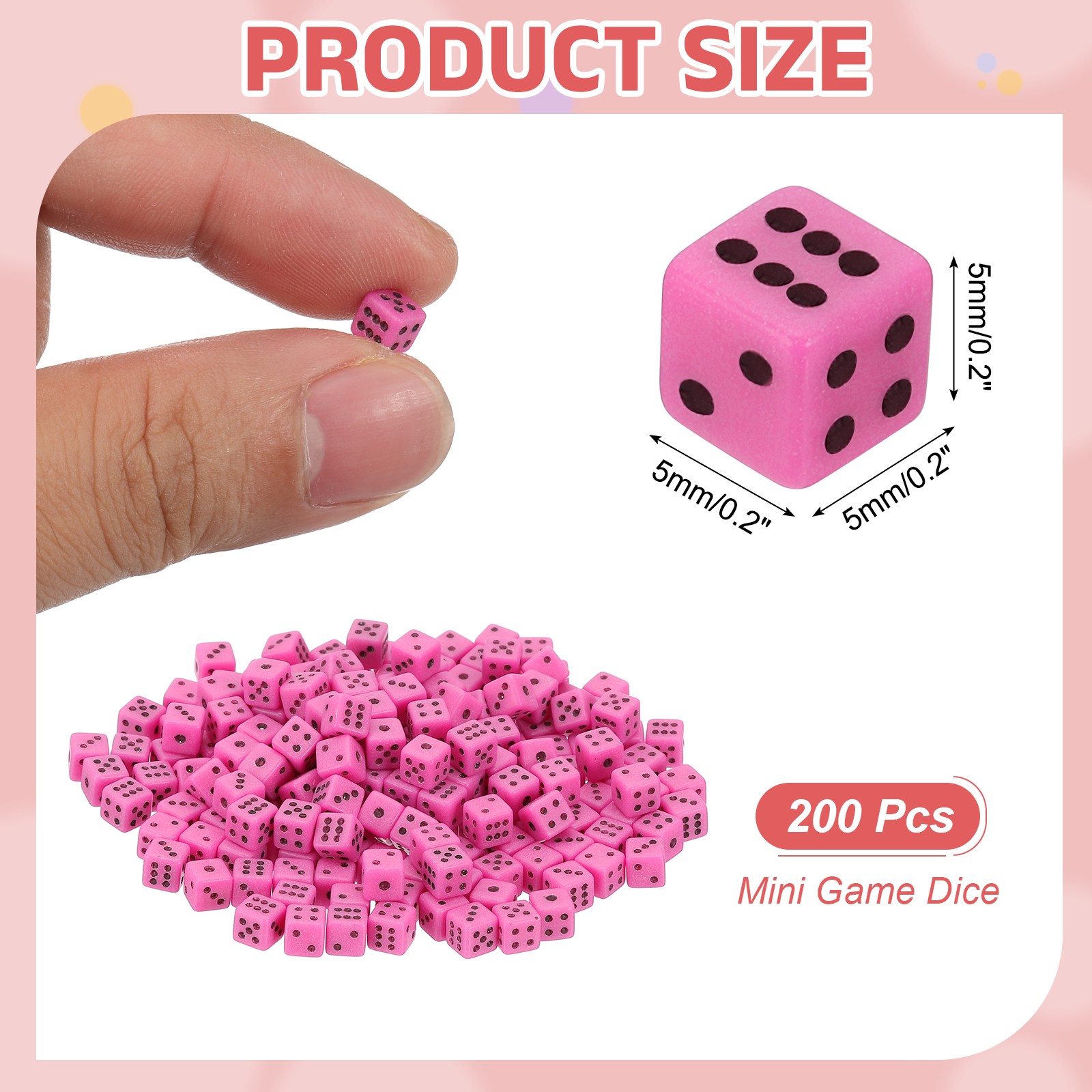 200Pcs Mini Acrylic Polyhedral Dice 5mm 6 Sided Square Corner Dice, Pink