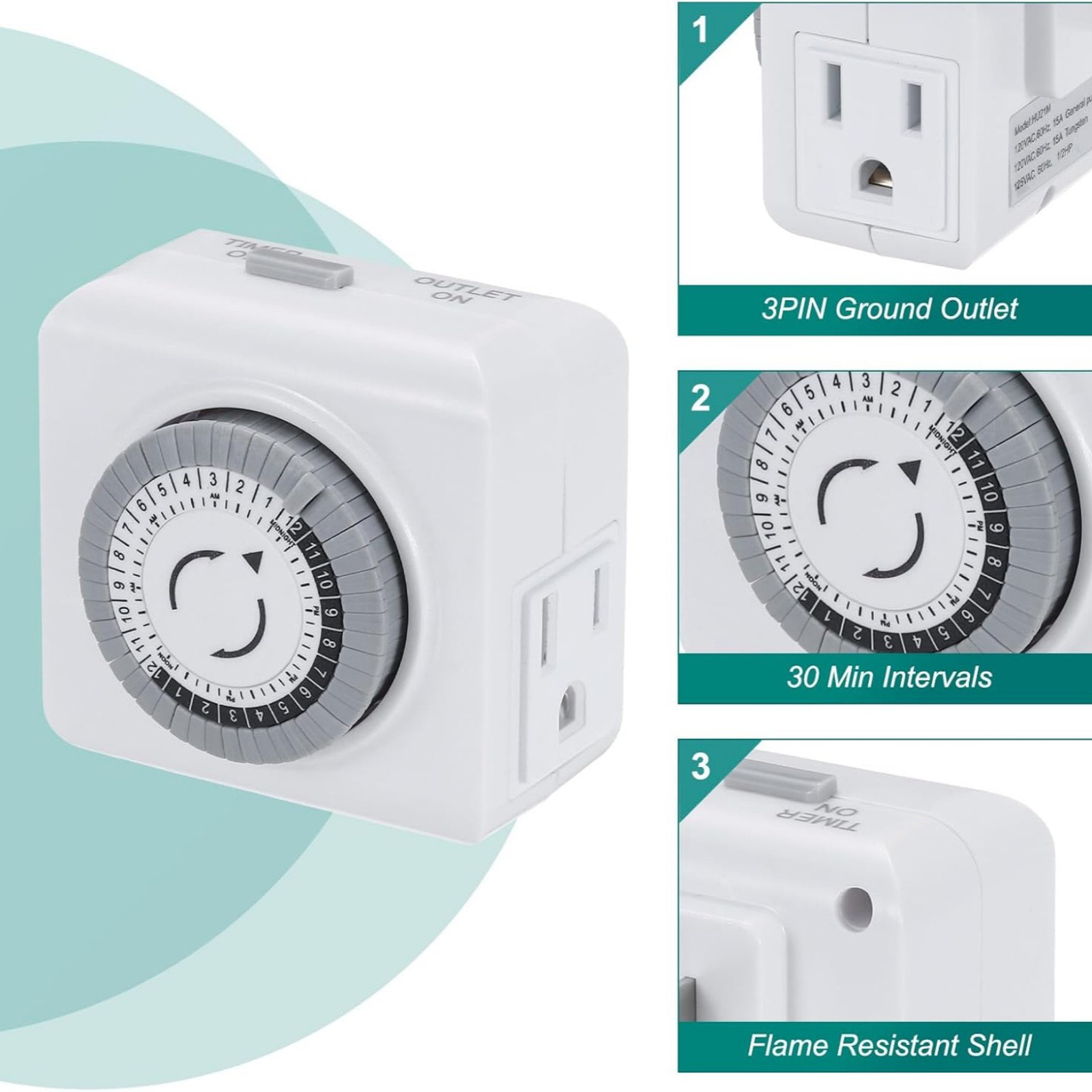 2 Pack 110-125V 3-Pin Timer Plug For Equipment Control 24-Hour Switch Device