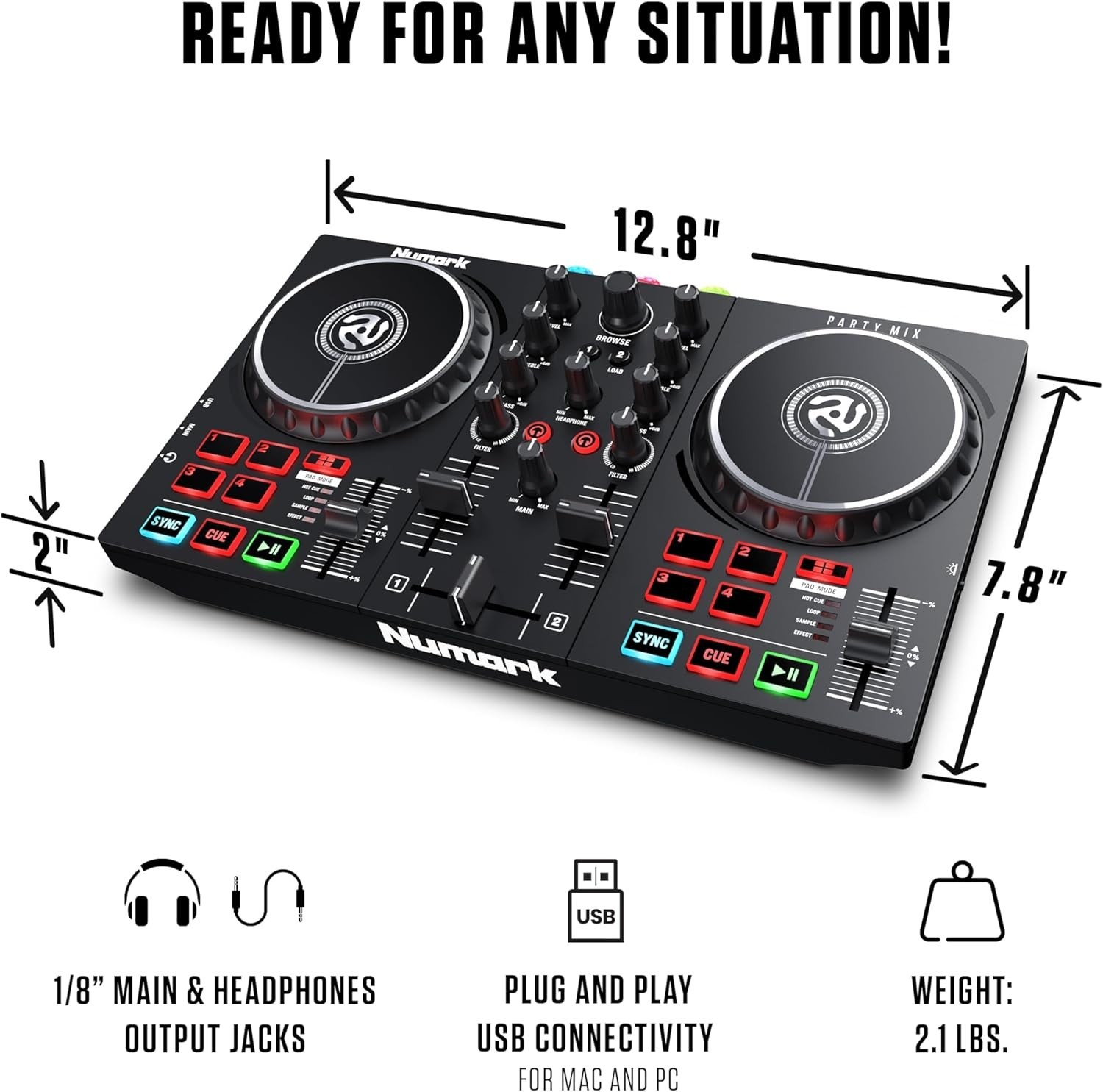 DJ Controller Plastic 2 Decks USB Interface Built-in Lights for Beginners