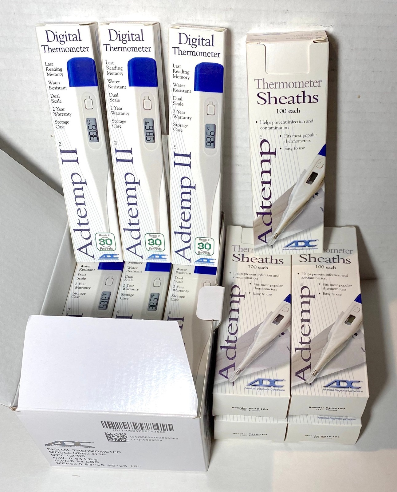 Digital Thermometer and Sheaths Lot - Adtemp II #413B w/ Sheaths #416-100