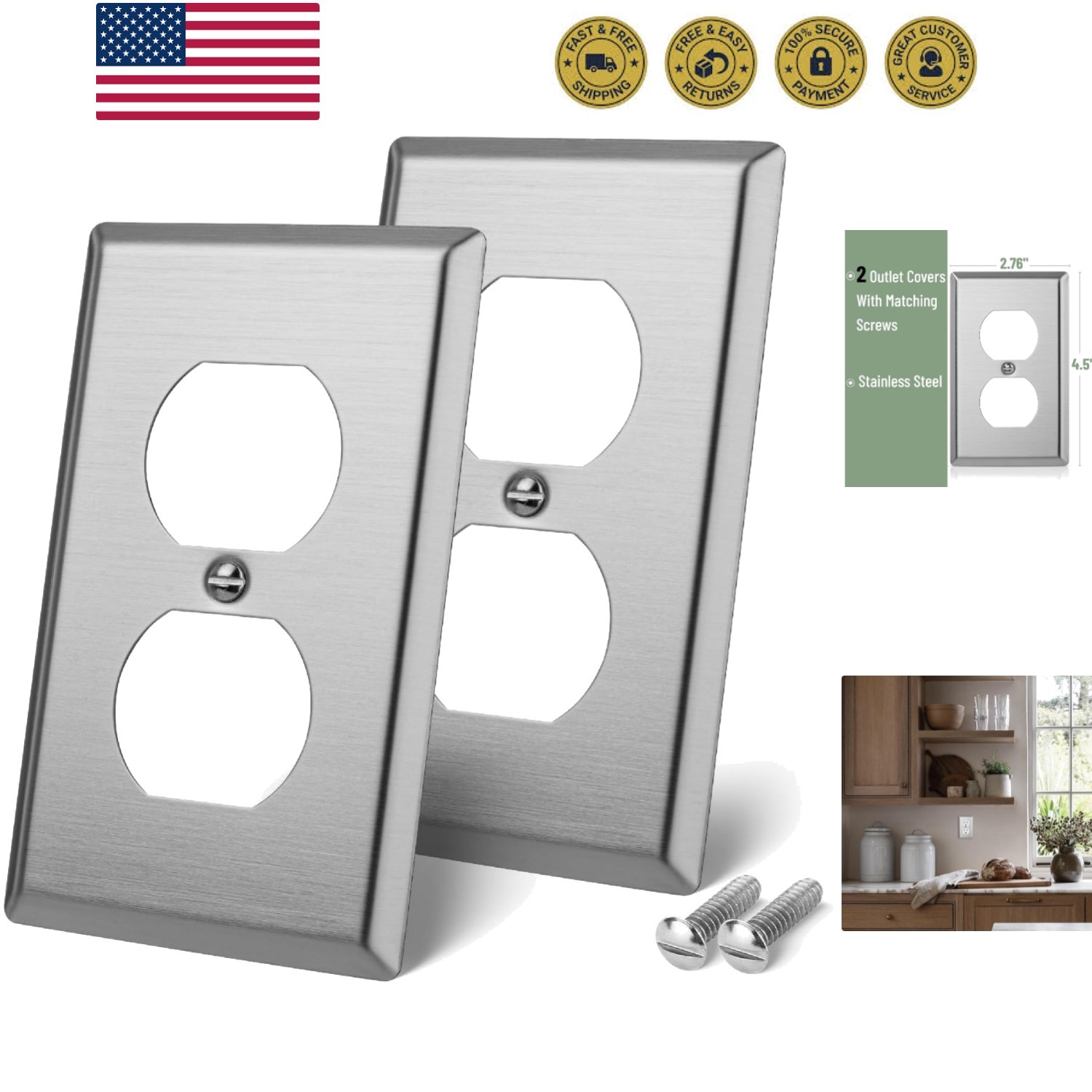 Bates- Metal Duplex Receptacle Wall Plate, 4.5" x 2.76"/Standard Size, 2 Pack...