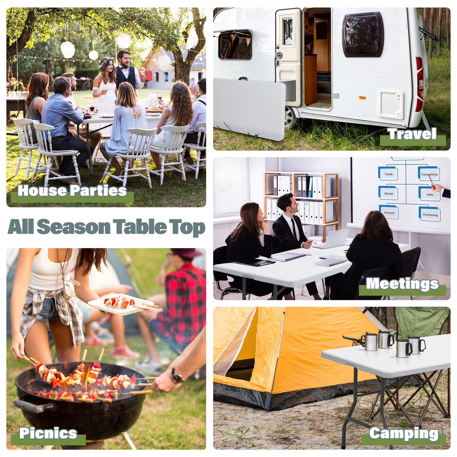 2PCS 8' Folable Camping Table w/Handle Lock Dining Table Picnic Camping Table
