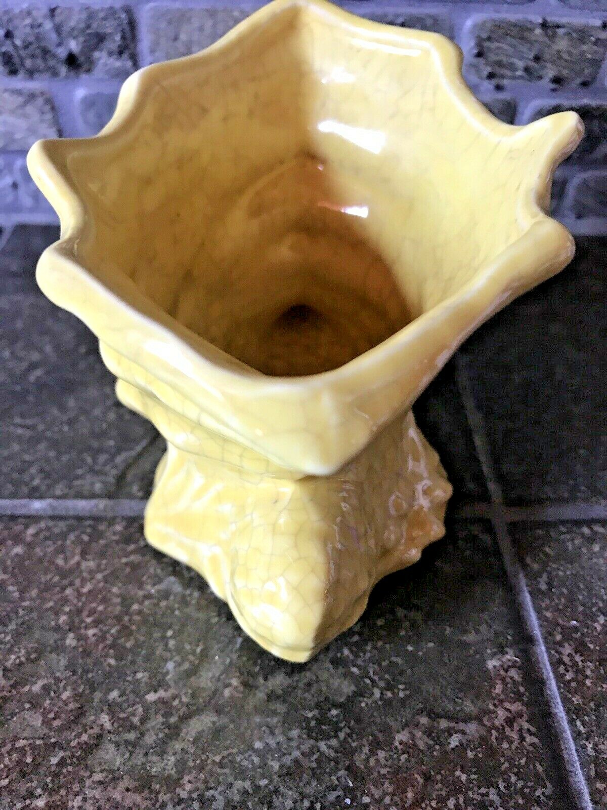 Vintage Cornucopia Planter Yellow Crackled Glaze Thanksgiving Fall Ceramic