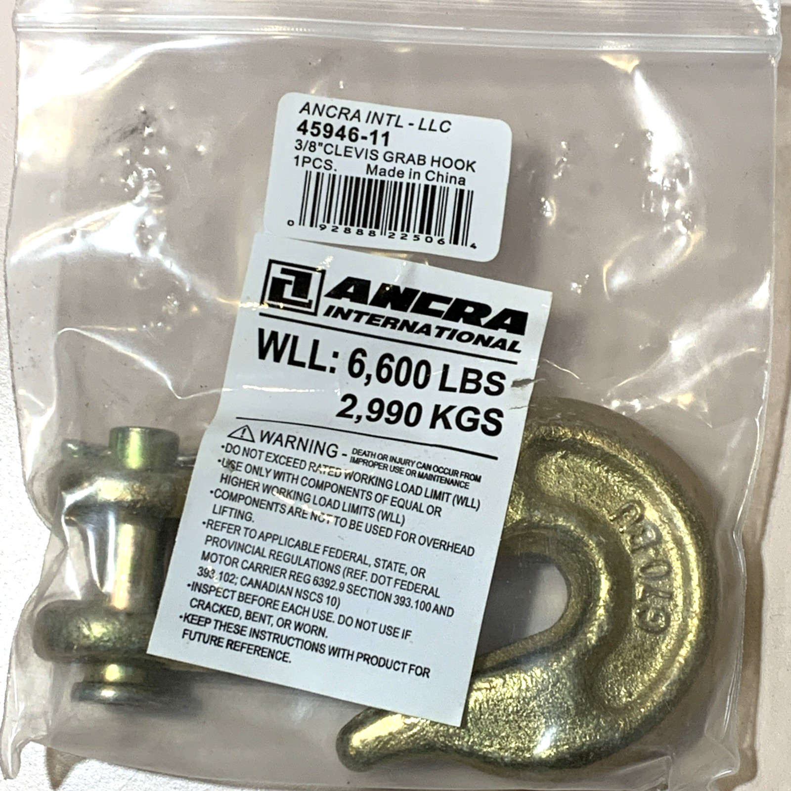 NEW Ancra Cargo 45946-11  Grade 70  3/8" Clevis Hook $12 + FREE SHIPPING
