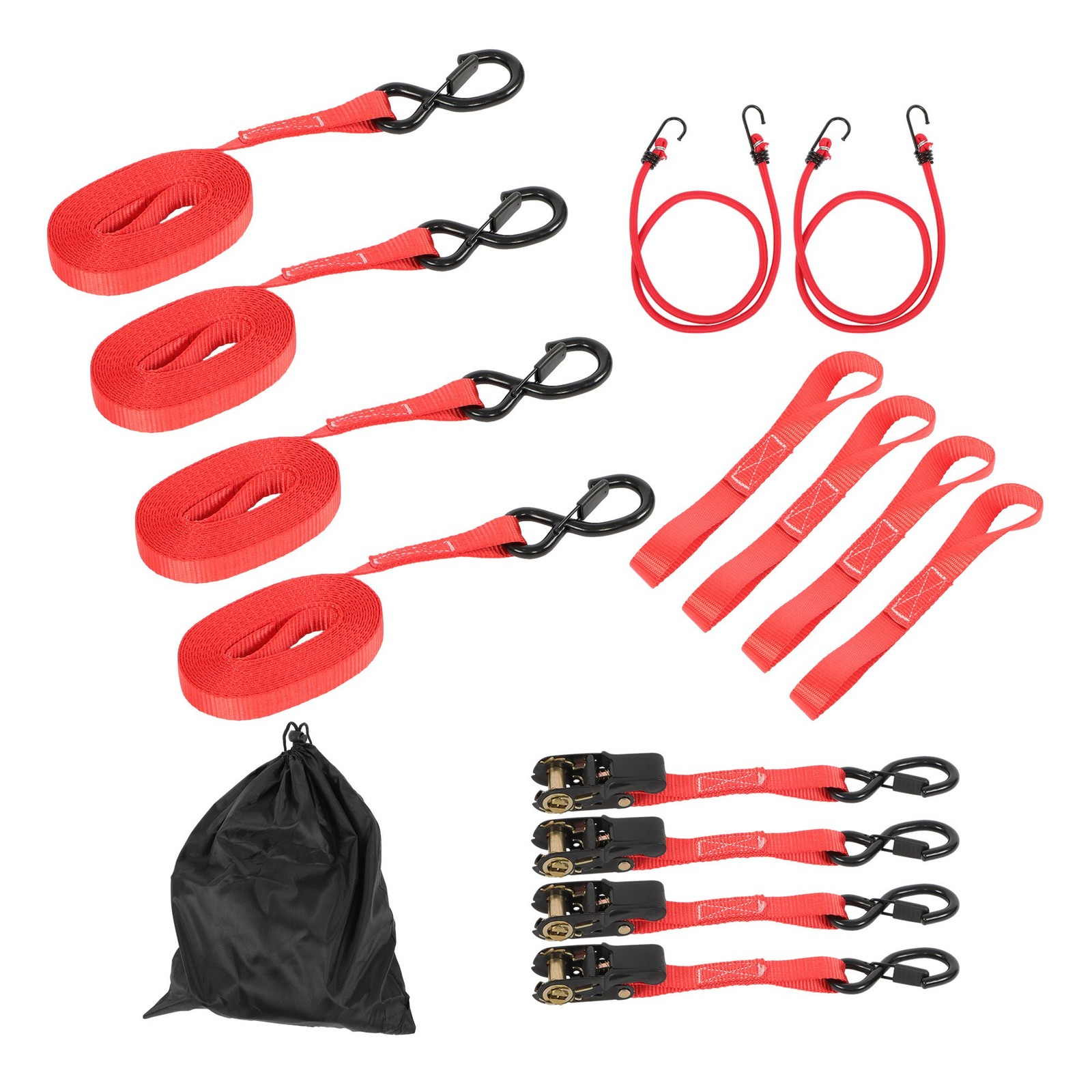 4 Pack 1" x 15' Ratchet Tie Down Straps Red 2200 lbs Break Strength w/ S Hooks