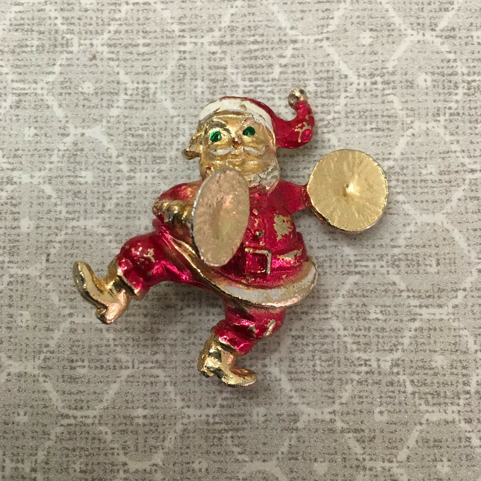 Vintage MCM Heel Kicking SANTA CLAUS with Cymbals Pin, Fun and Festive, 1.75"