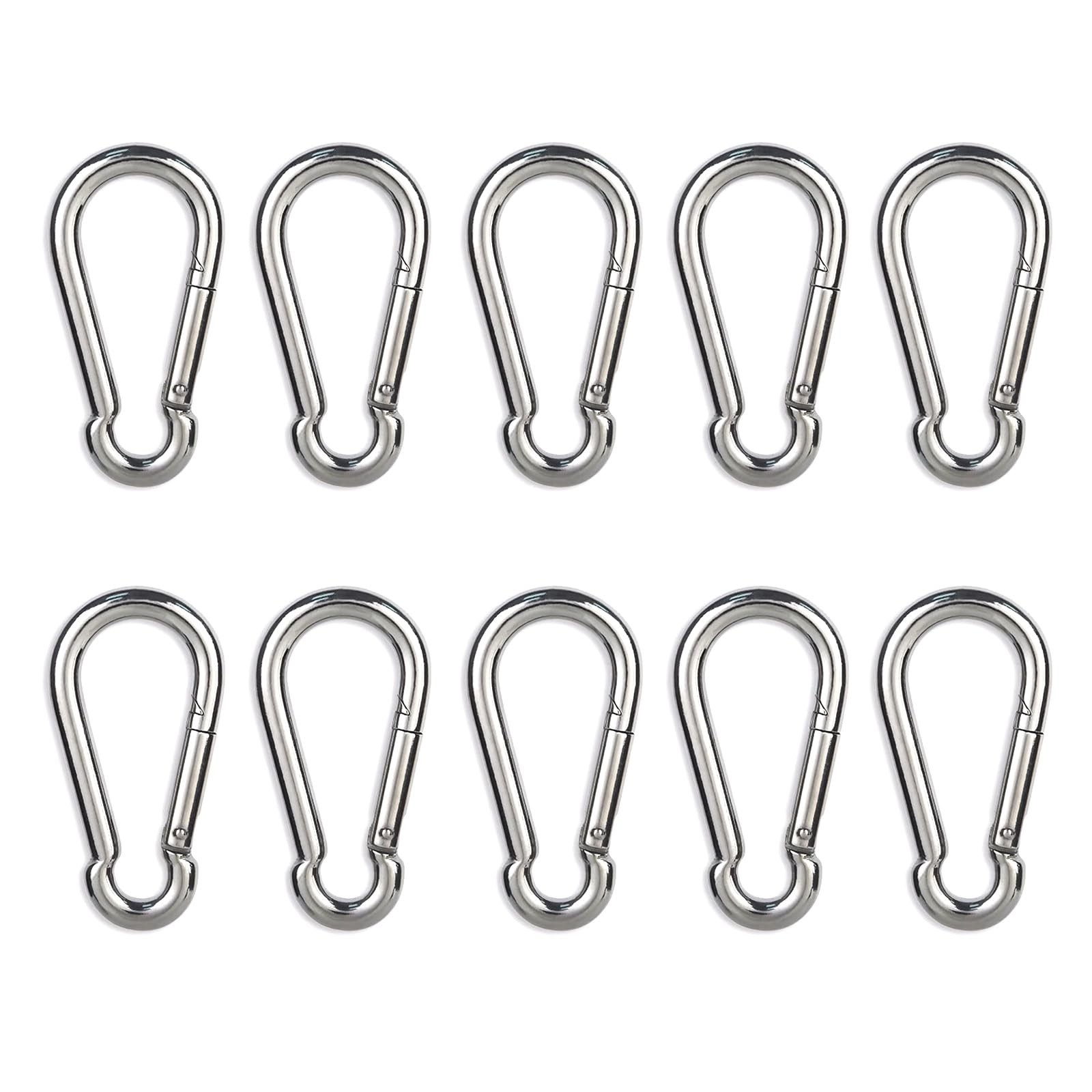 Stainless Steel Carabiner Clips, 10Pcs Locking Hooks, 270 Lbs, Silver