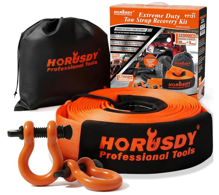 HORUSDY Heavy Duty Tow Strap 3"x30ft 32,000LB w/ Hooks & 2 D-Ring Shackles