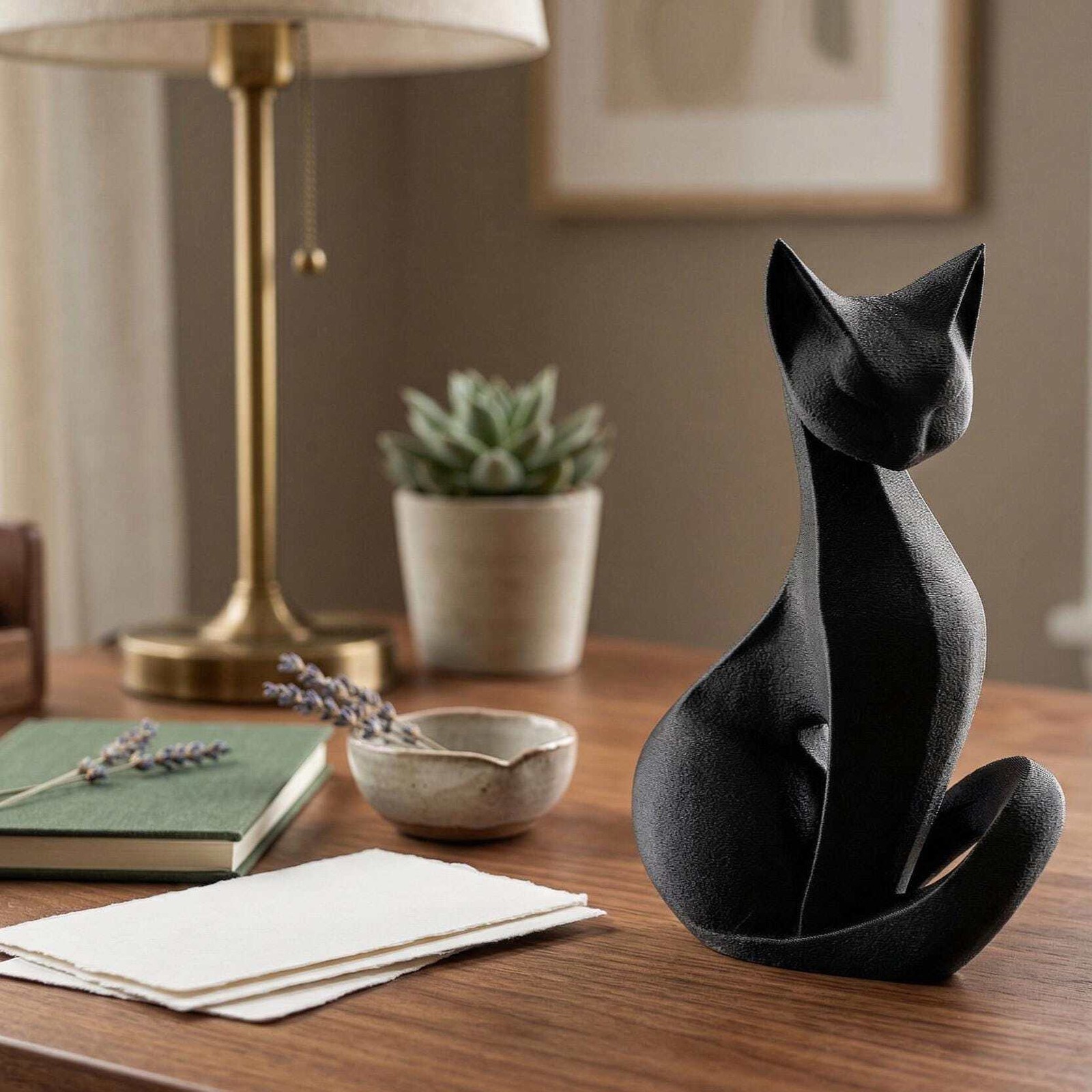 Cat Figurine, Contemplative Silhouette Model, Modern Feline Decor, 3D Printed Ar