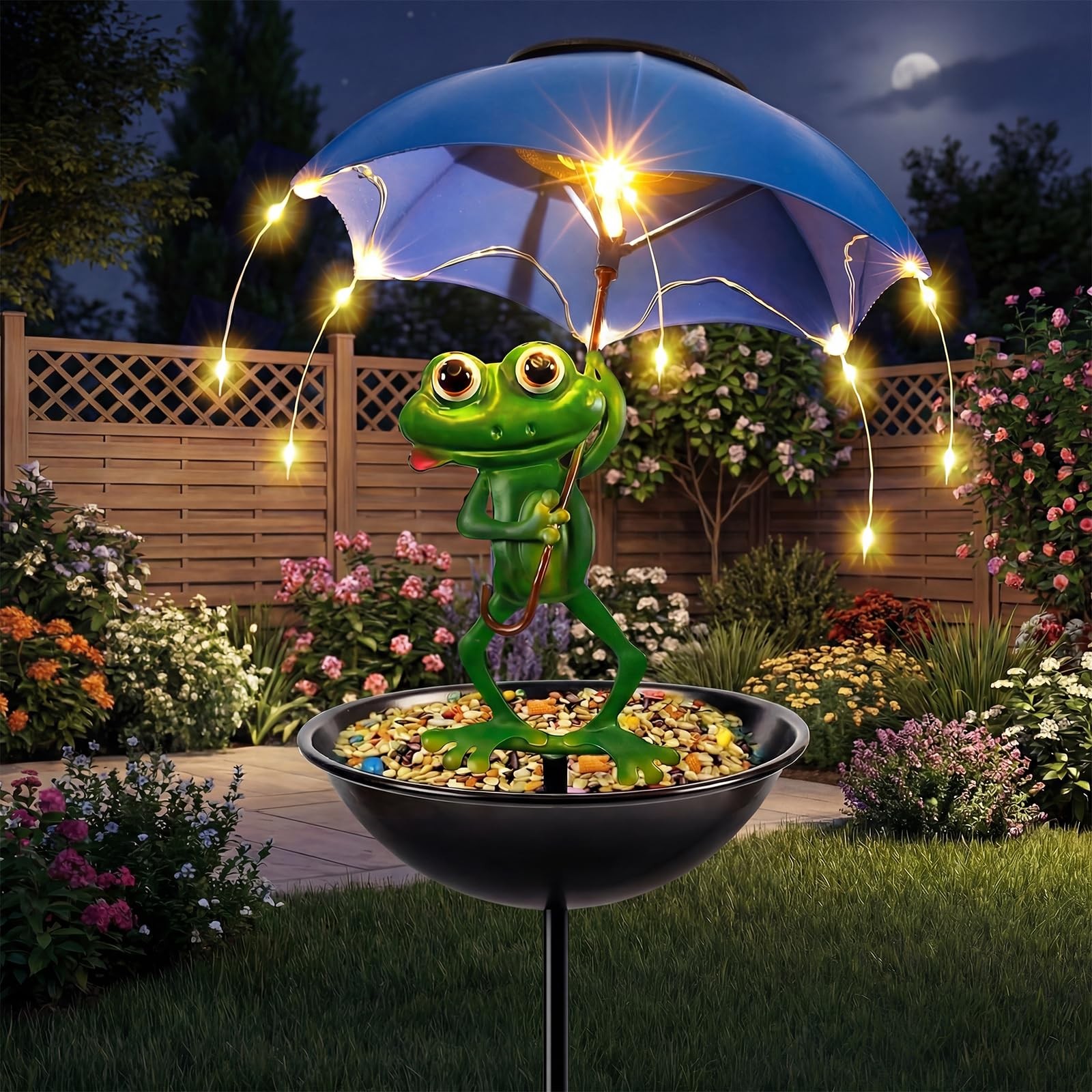Solar Bird Feeder Frog Garden Decor, Outdoor Lights with Umbrella, frog