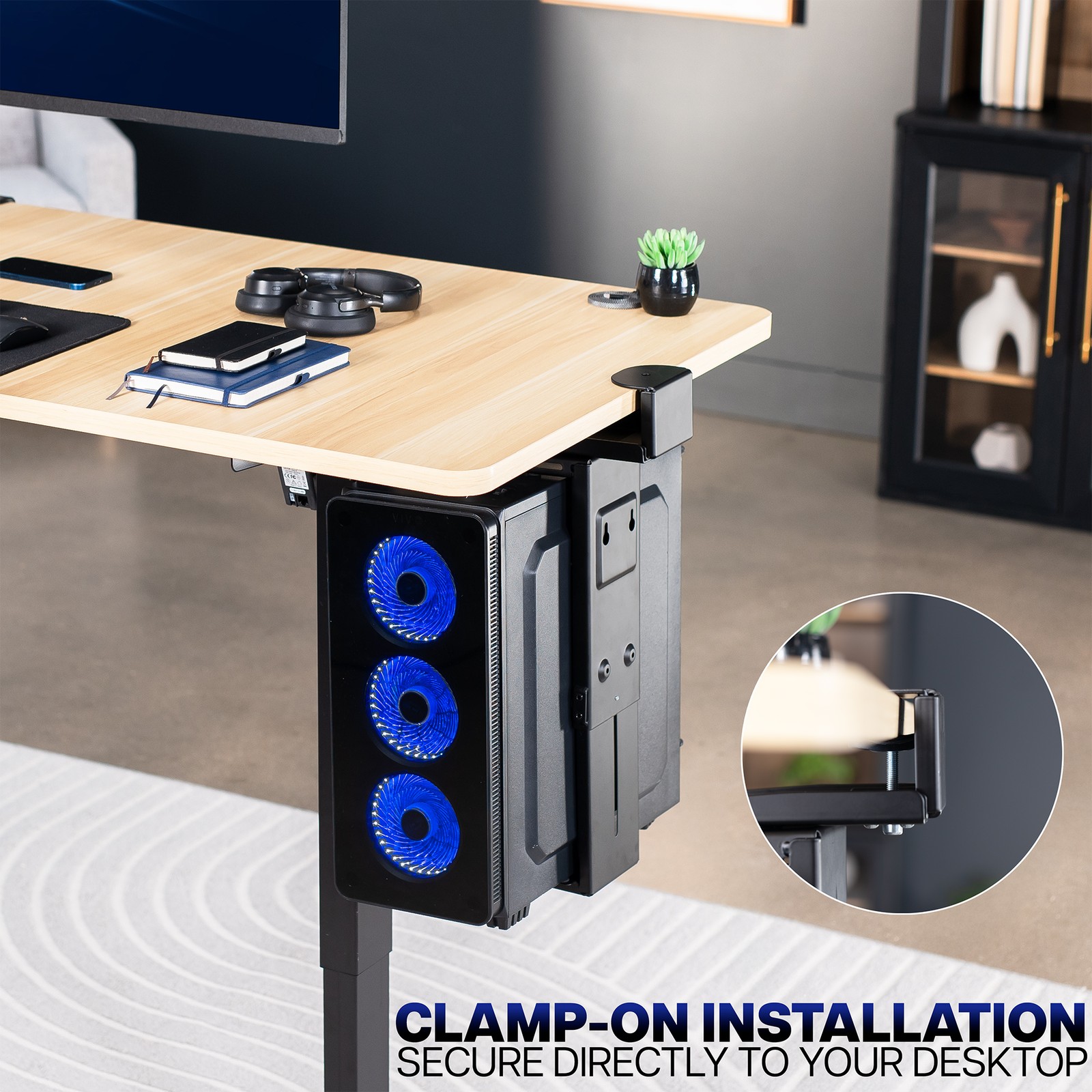 VIVO Black Clamp-on PC Mount, Computer Case Holder with 135 Swivel