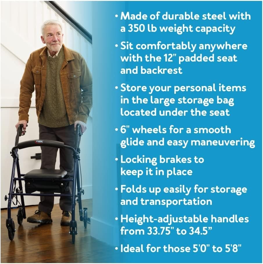Padded Steel Rollator Walker for Seniors - 350 lbs Capacity, Height Adjustable