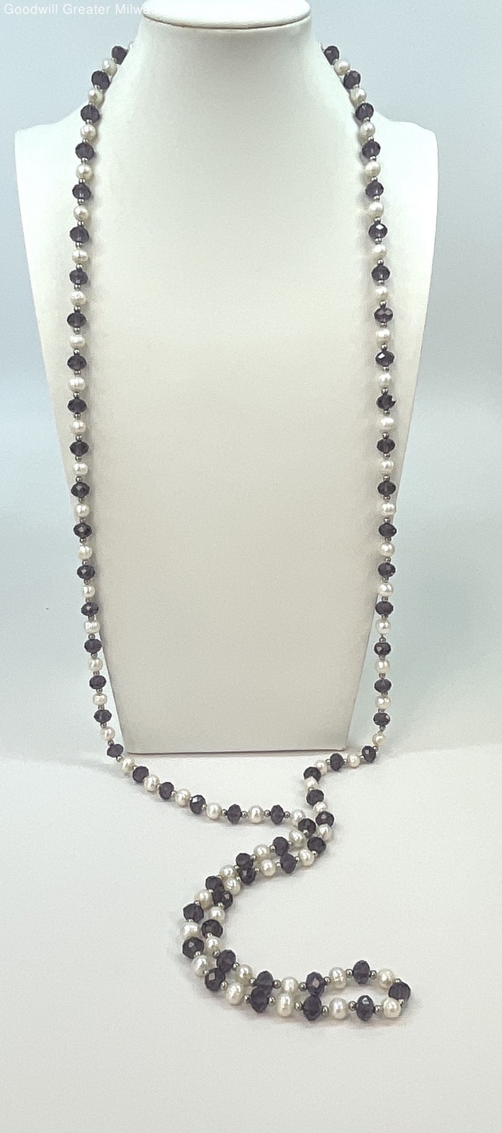 Silver-Tone White Pearl Purple Faceted Rhinestone Beaded Necklace 76.4g