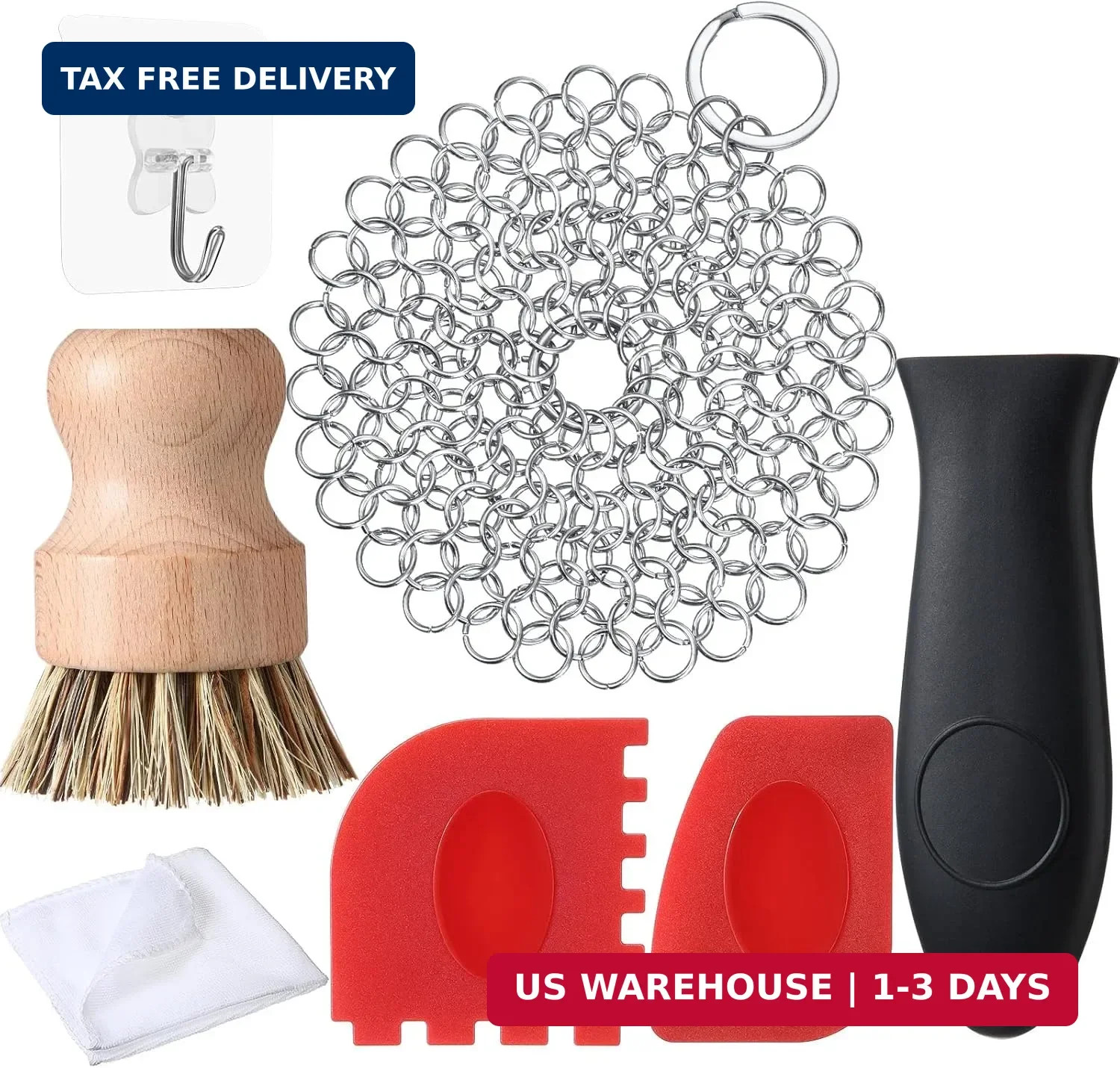 Patelai 7 Pieces Cast Iron Cleaner Set Include Stainless Steel Chainmail Scrubbe