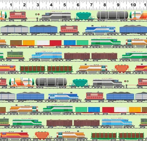 Cotton Let's Go Trains Tracks Railways Light Green Fabric Print by Yard D679.93