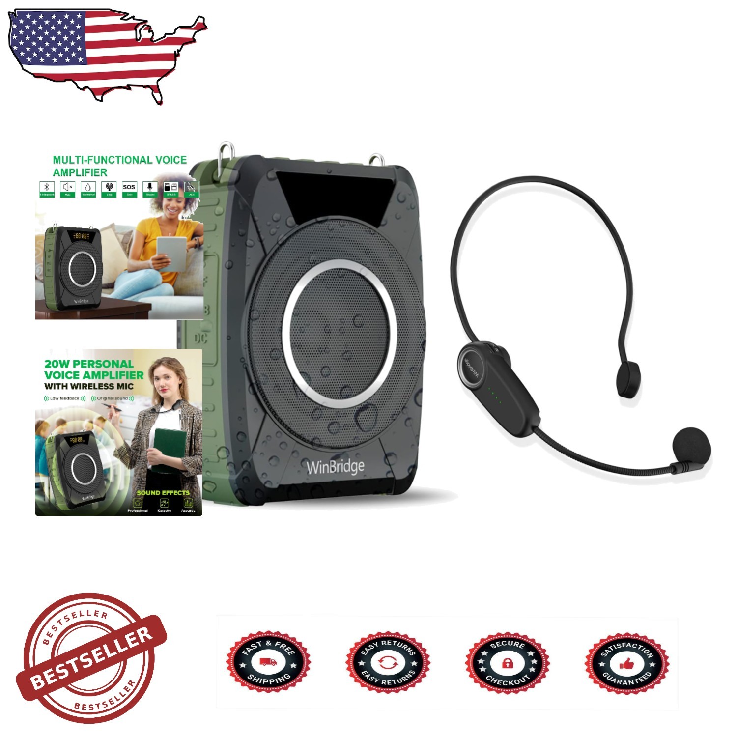 Portable Voice Amplifier 20W Wireless Mic BT 5.0 Waterproof PA System
