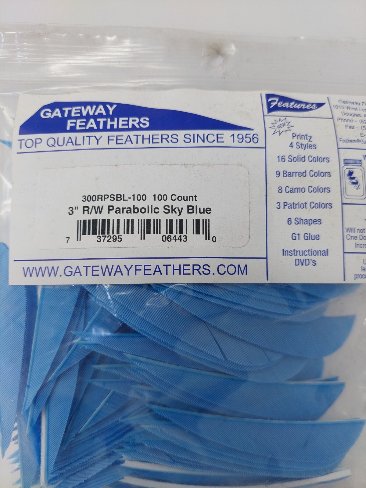 100 Pack Gateway Feathers 3" Right Wing: Parabolic Sky Blue 300RPSBL-100