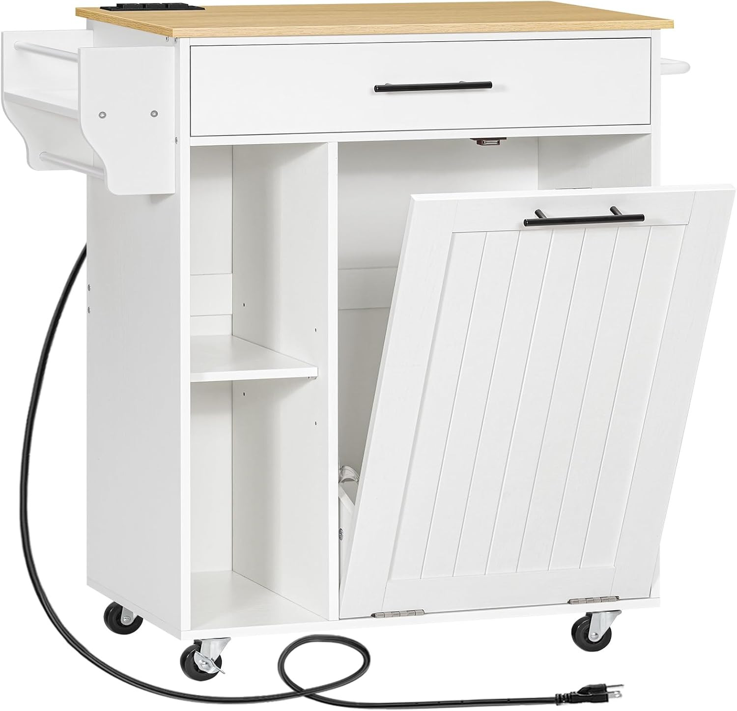 Rolling Kitchen Island with Trash Can Storage & Power Outlet, White/Natural