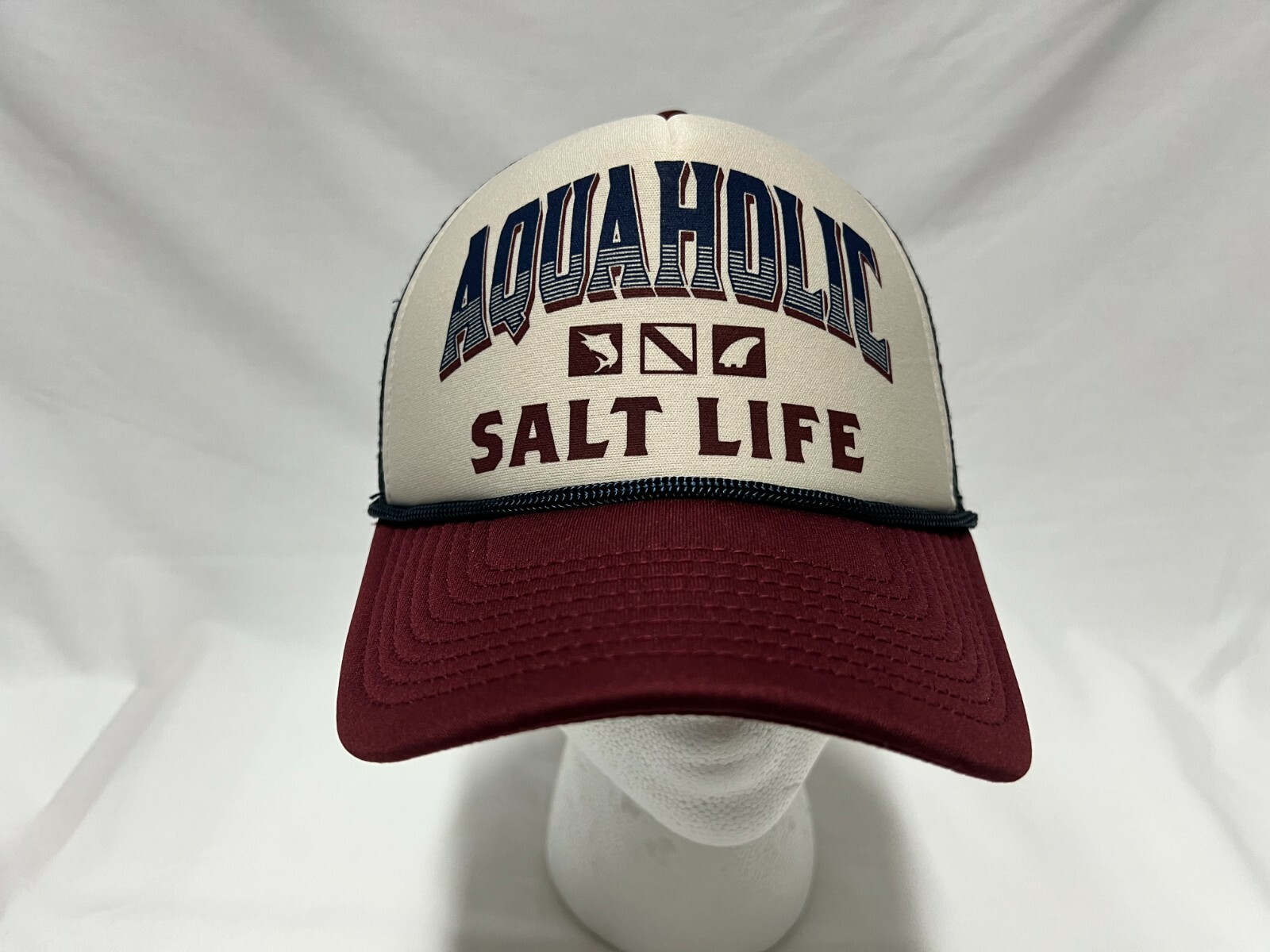HAT CAP SALT LIFE AQUAHOLIC MAROON WHITE BLUE MESH BACK ADJUSTABLE SNAPBACK FISH