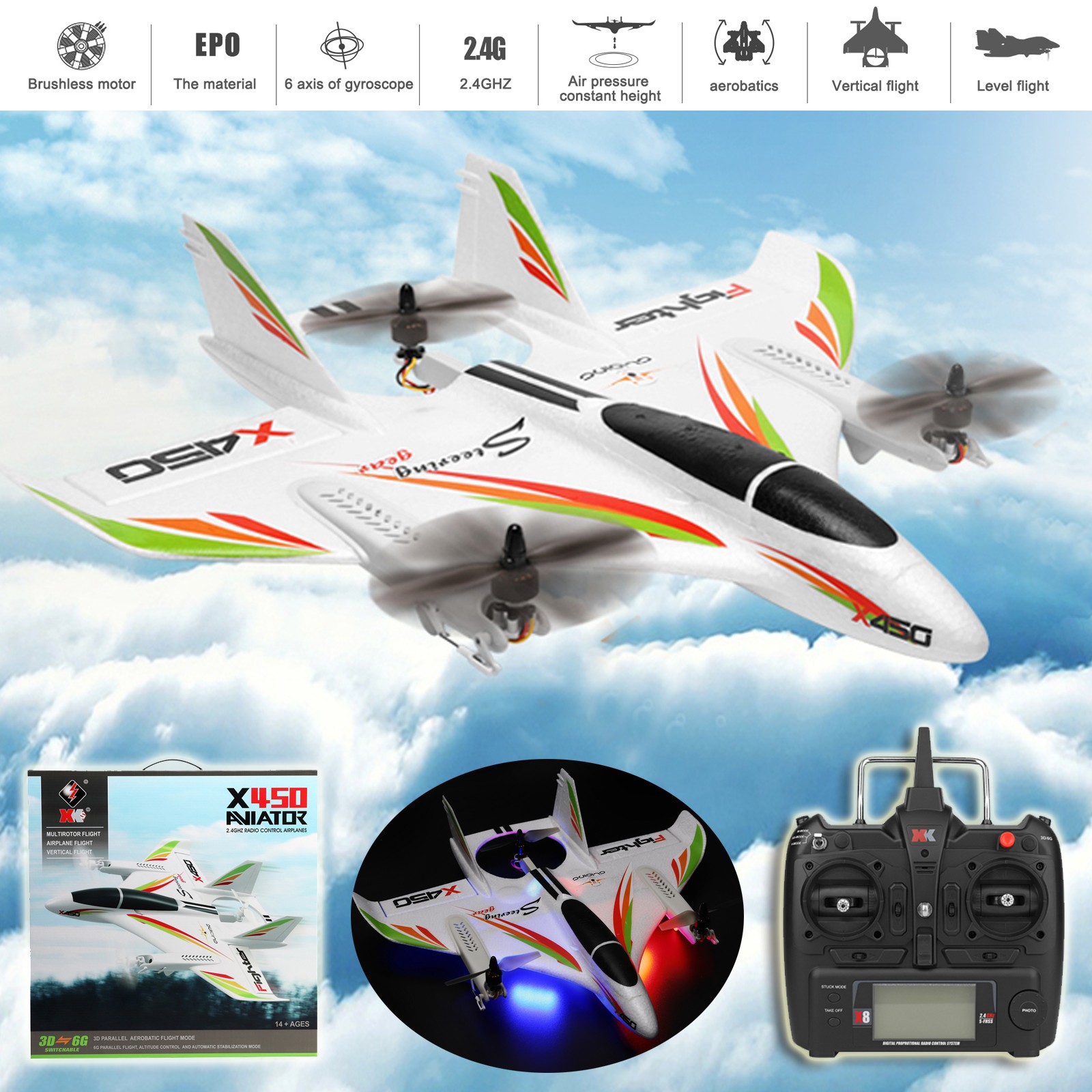 WLtoys XK X450 RC Airplane Brushless 2.4G 6CH 3D/6G LED Fixed Wing RTF EP