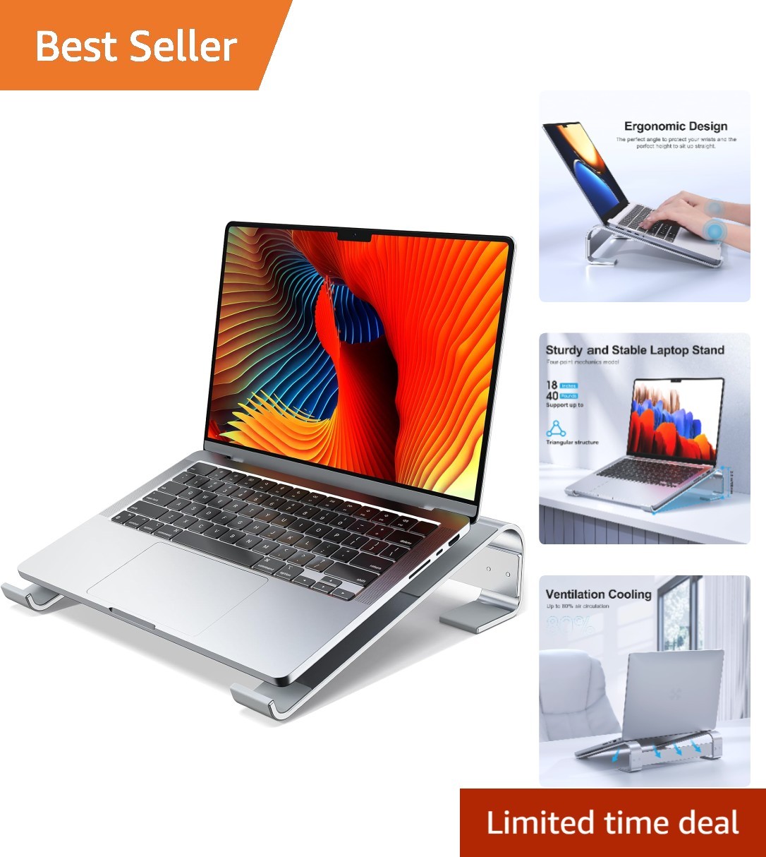 Ergonomic Aluminum Laptop Stand for Desk - Compatible 10-17.3'' Devices