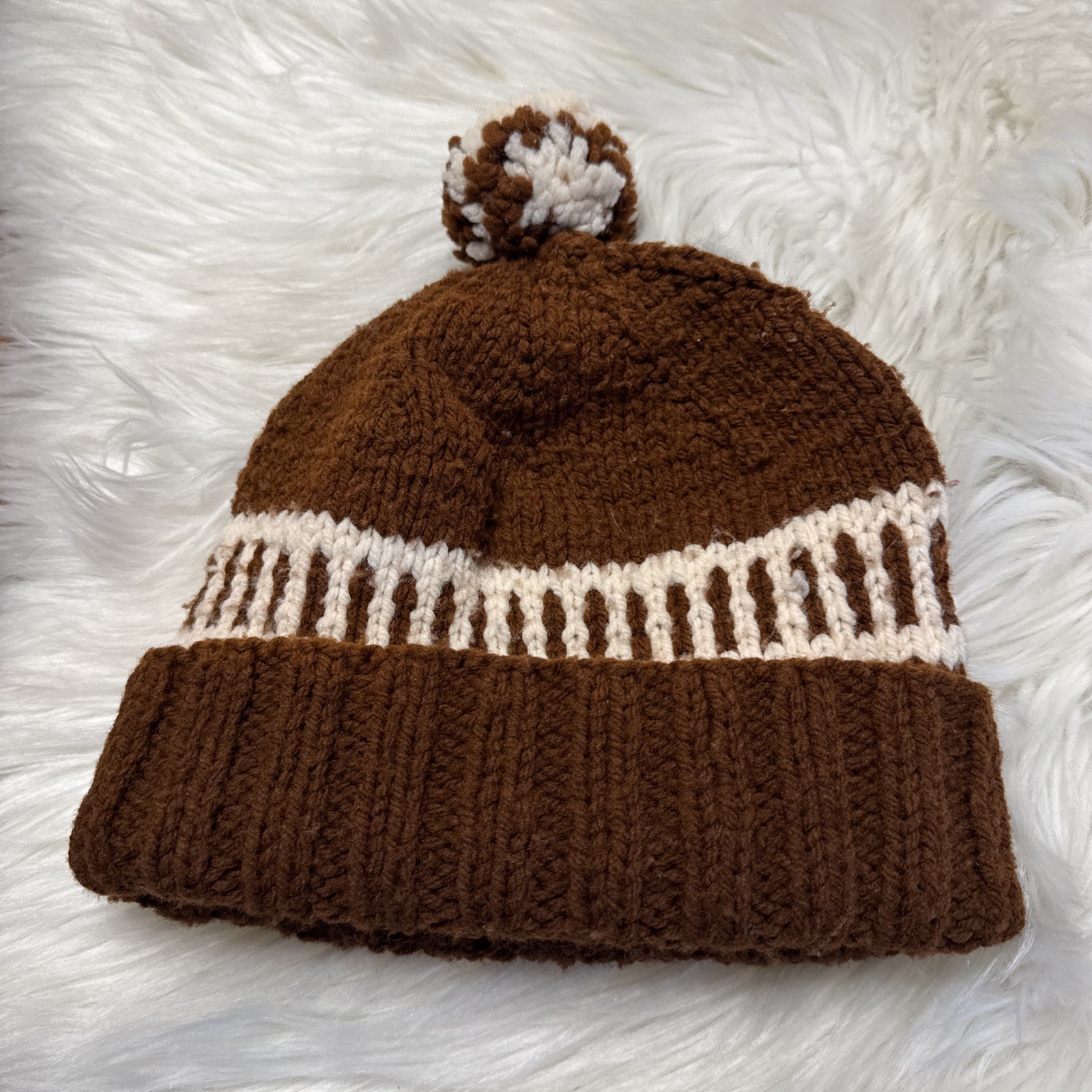 Hand Made Crochet Stocking Hat With Pom Pom Brown