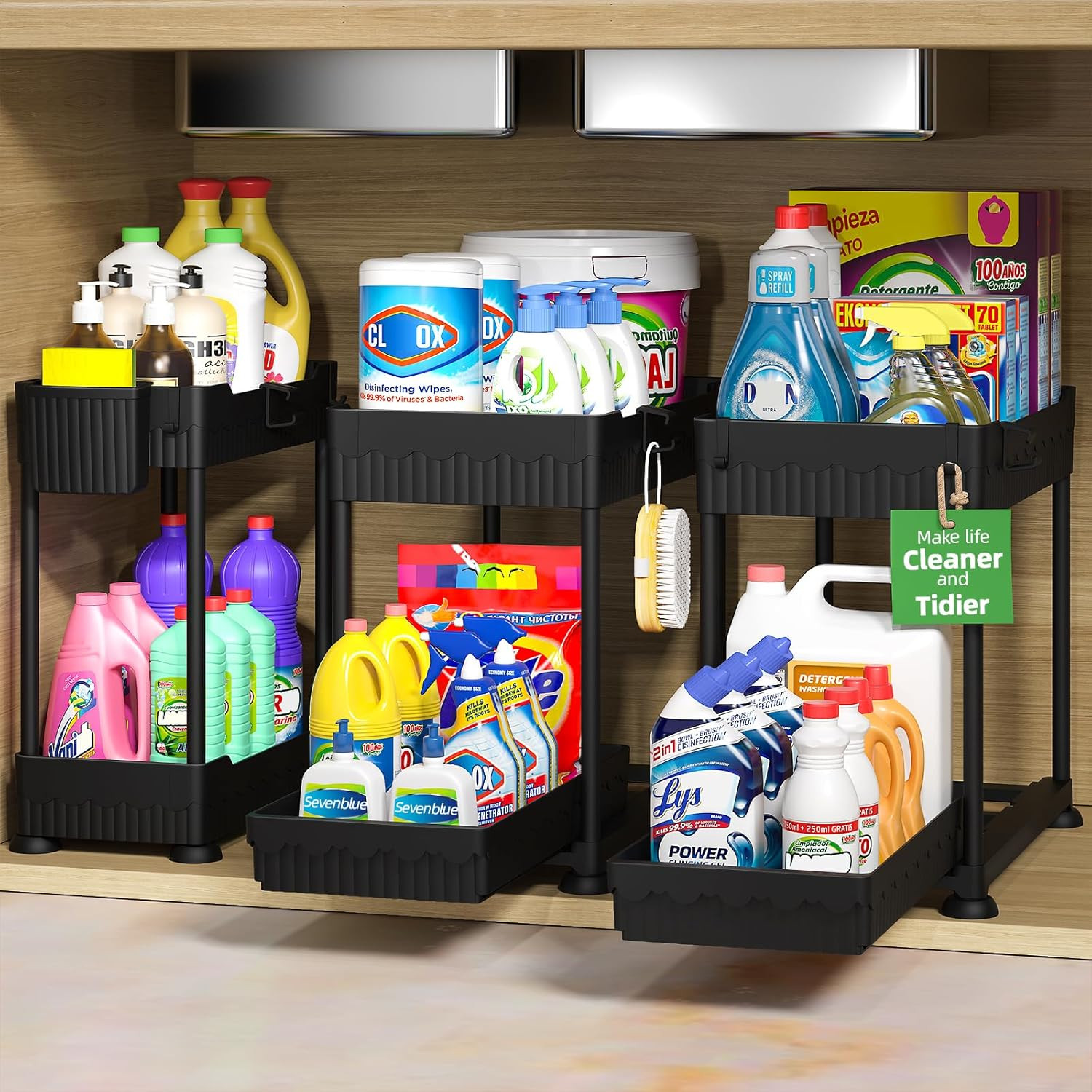 3 Pack Under Sink Organizers,2-Tier Multi-Use Kitchen and Bathroom Organizers an