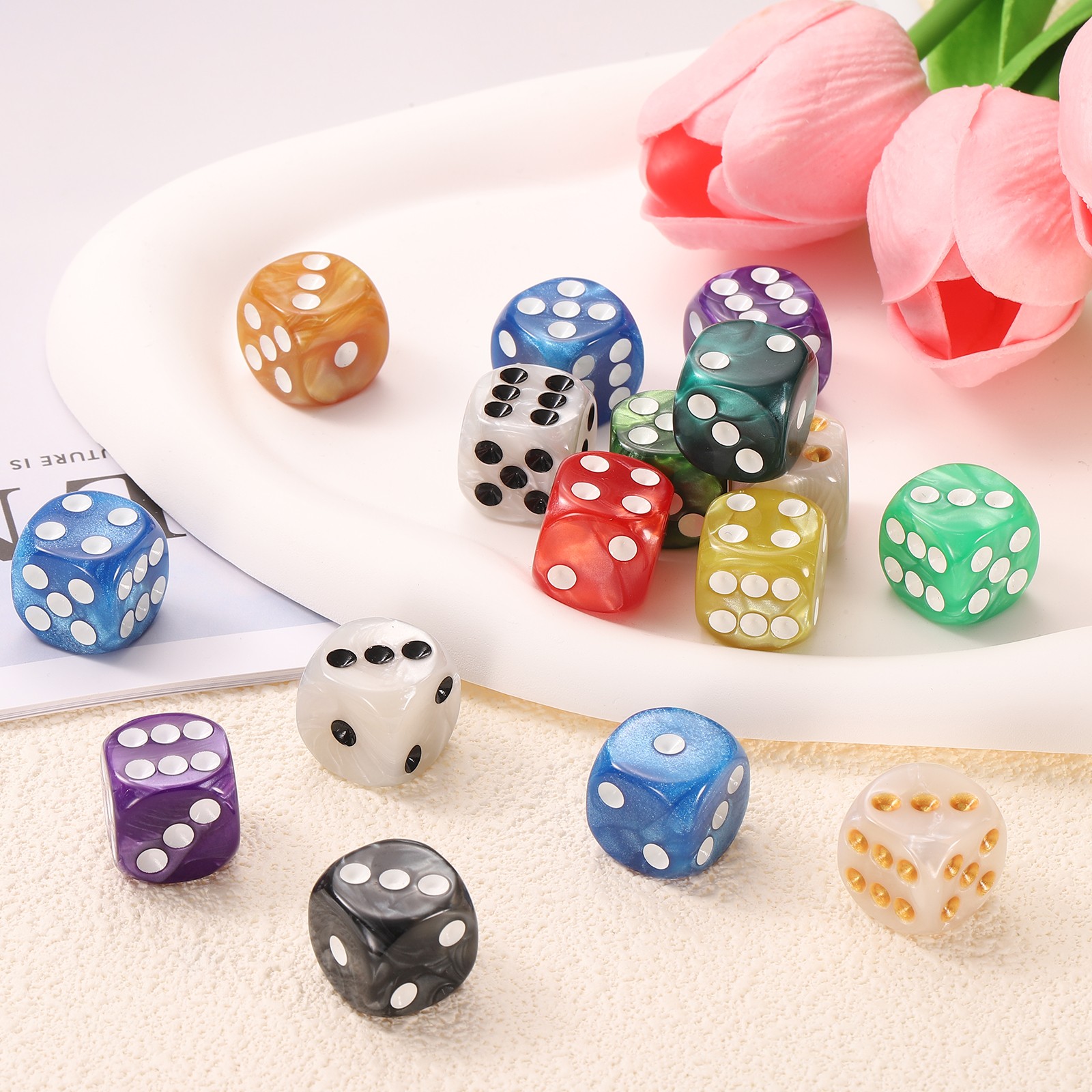 20Pcs 6 Sided Colored Standard Dice, Acrylic D6 Pearl Pattern Dice, Yellow
