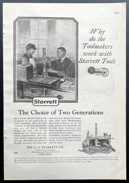 1925 Starrett Tools AD “The Choice of Two Generations”