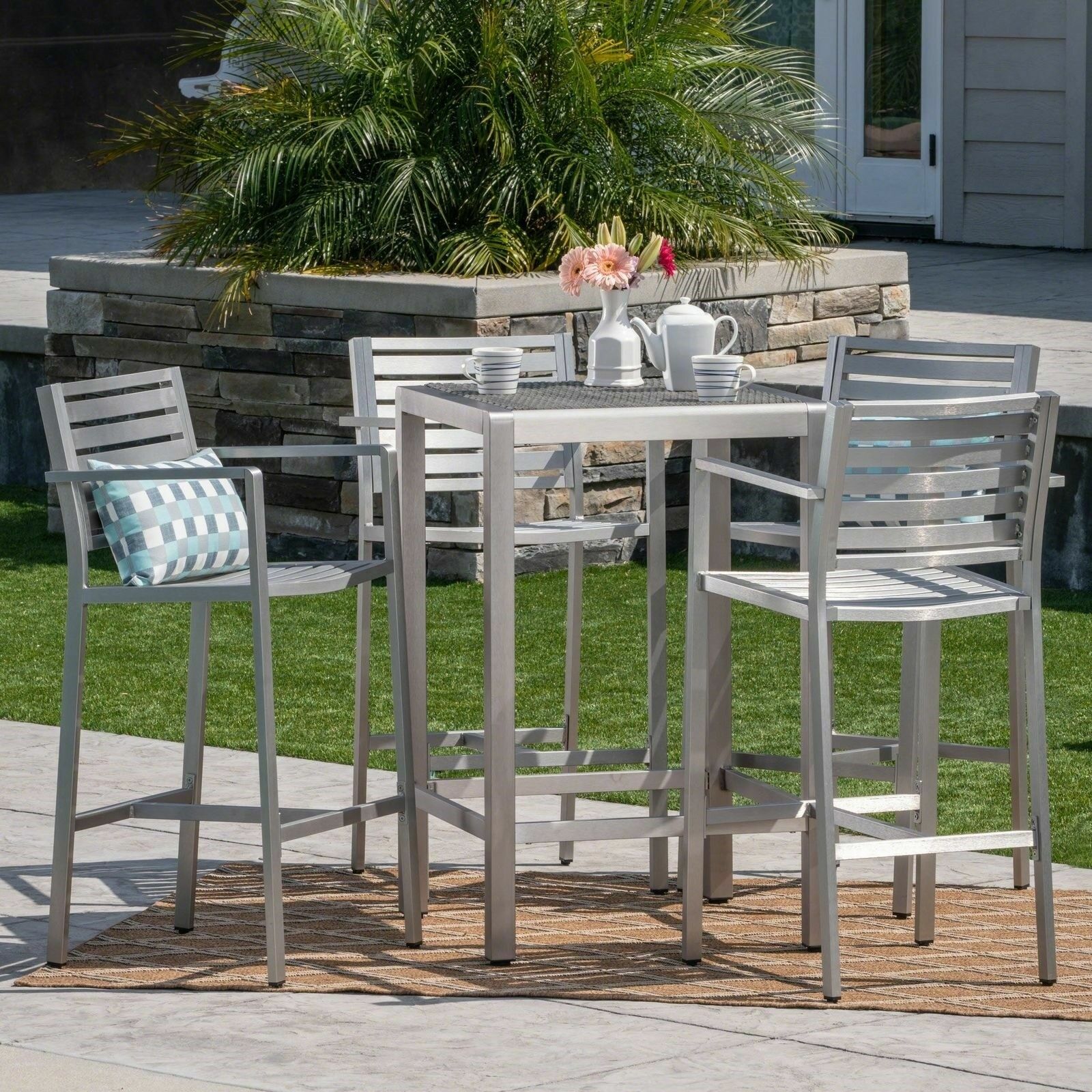 Tracy Outdoor 5 Piece Silver Rust-Proof Aluminum Bar Set with Grey Wicker Top Ba