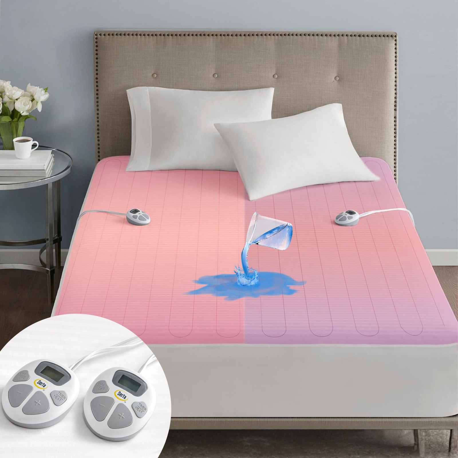 Serta Waterproof Heated Mattress Pad - Electric Bed Warmer with Queen, White