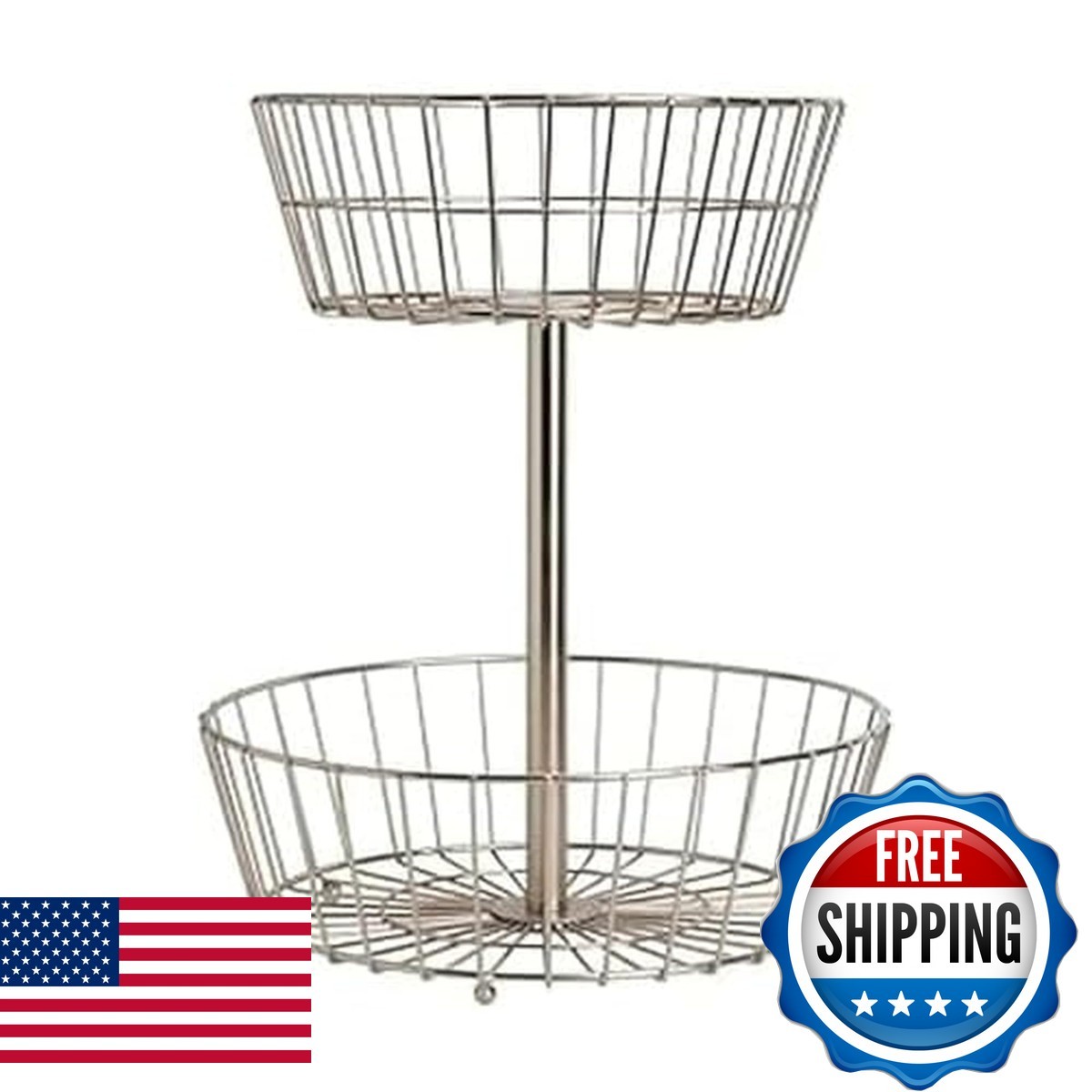 Mikasa Geneva 2-Tier Countertop Fruit Basket Nickel-Finish Metal Storage Stand