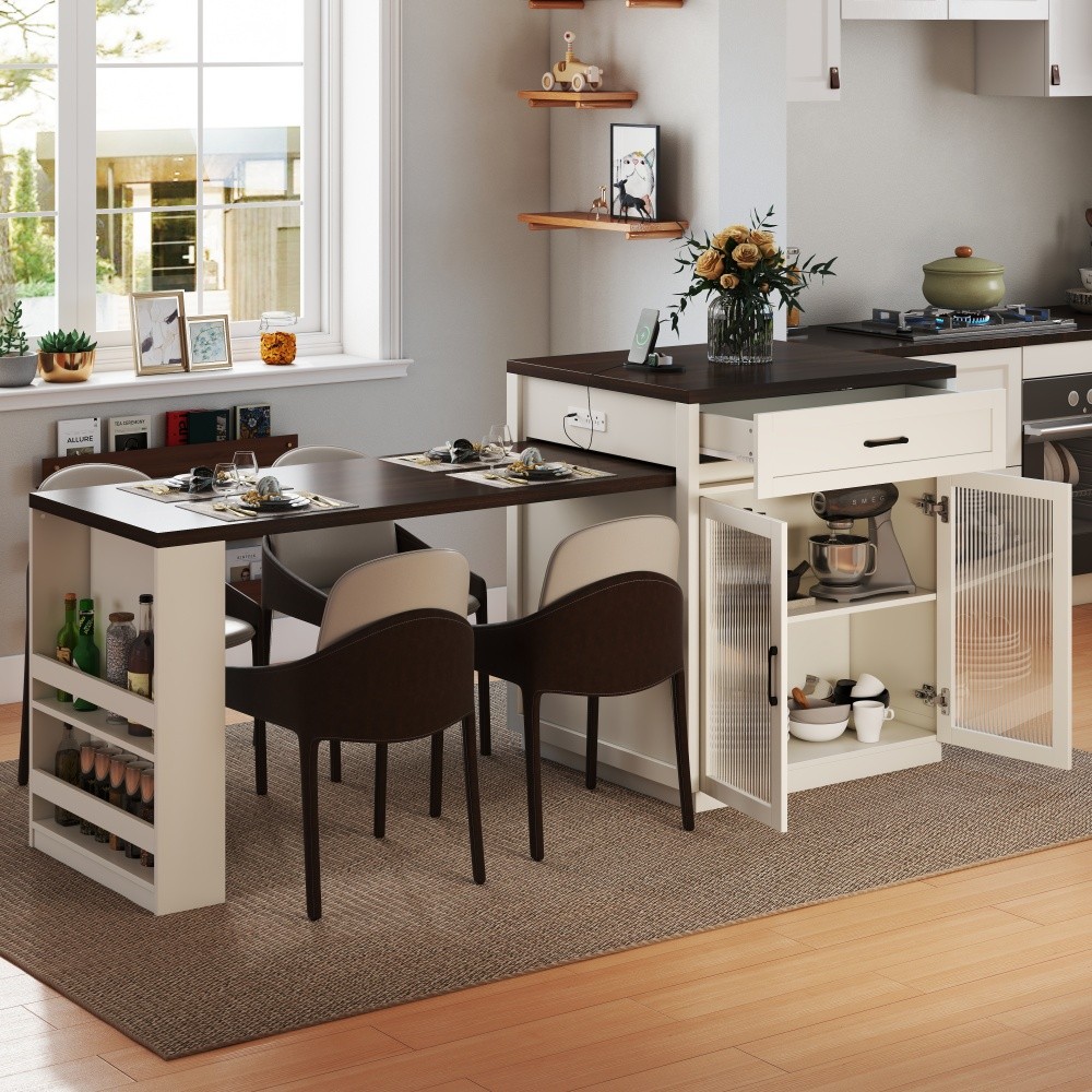 Extendable Kitchen Island Table with Power Outlet Storage Glass Doors Walnut