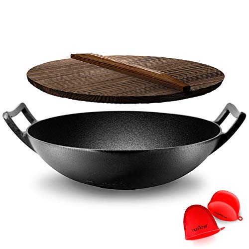 Nutrichef NCCIWOK60 Pre-Seasoned Cast Iron Stir Fry Large Wok Pan w/ Wooden Lid