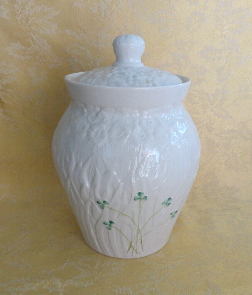 Belleek Ceramic Lidded Biscuit Barrel Jar Embossed Daisies Green Shamrocks 9.75"
