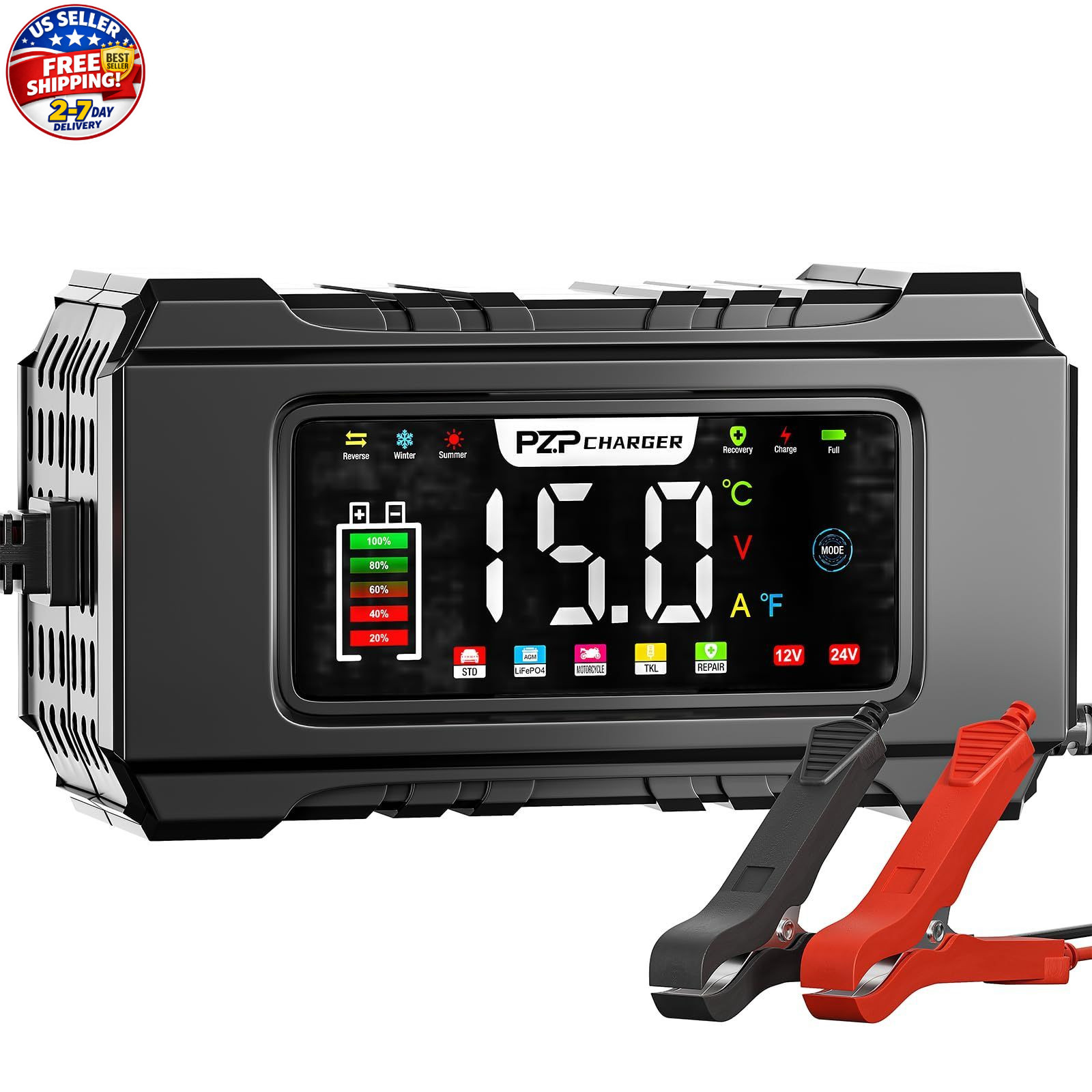 15-Amp 12V/24V Smart Battery Charger, Maintainer & Trickle Charger for LiFePO4,