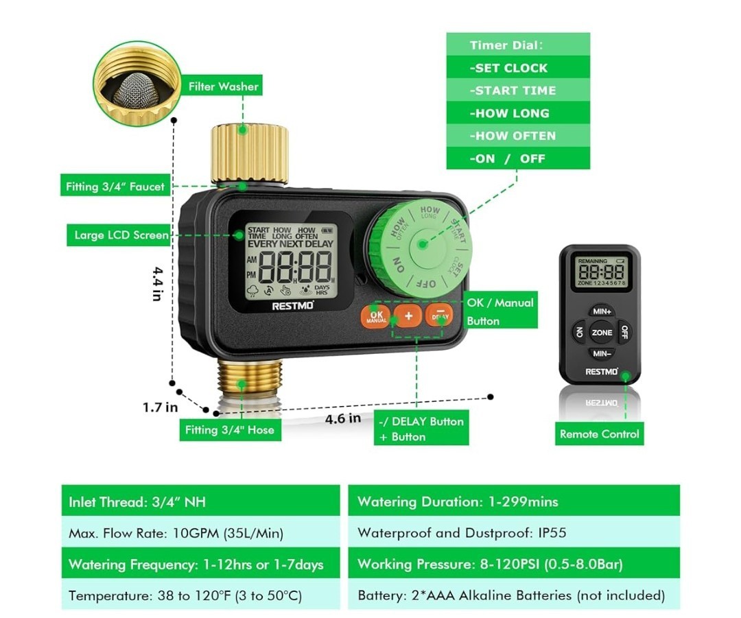 Restmo Remote Control Water Timer Model 0-HT-1A-RF, BSP/NH Thread