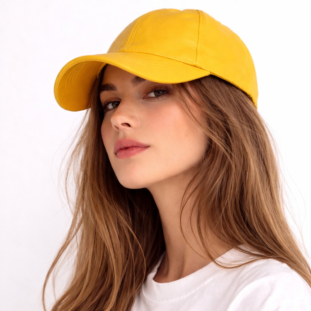 Green Genuine  Leather Baseball Cap Yellow Sheepskin  Hat, Limited Edition