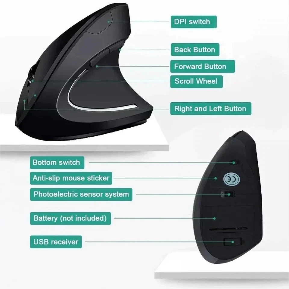 Vertical Mouse Ergonomic 2.4GHz Wireless Optical Mice 3 Adjustable DPI 800/1200/