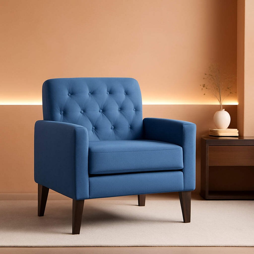 Blue Armchair For Small Spaces With Linen Upholstery And Wooden Legs