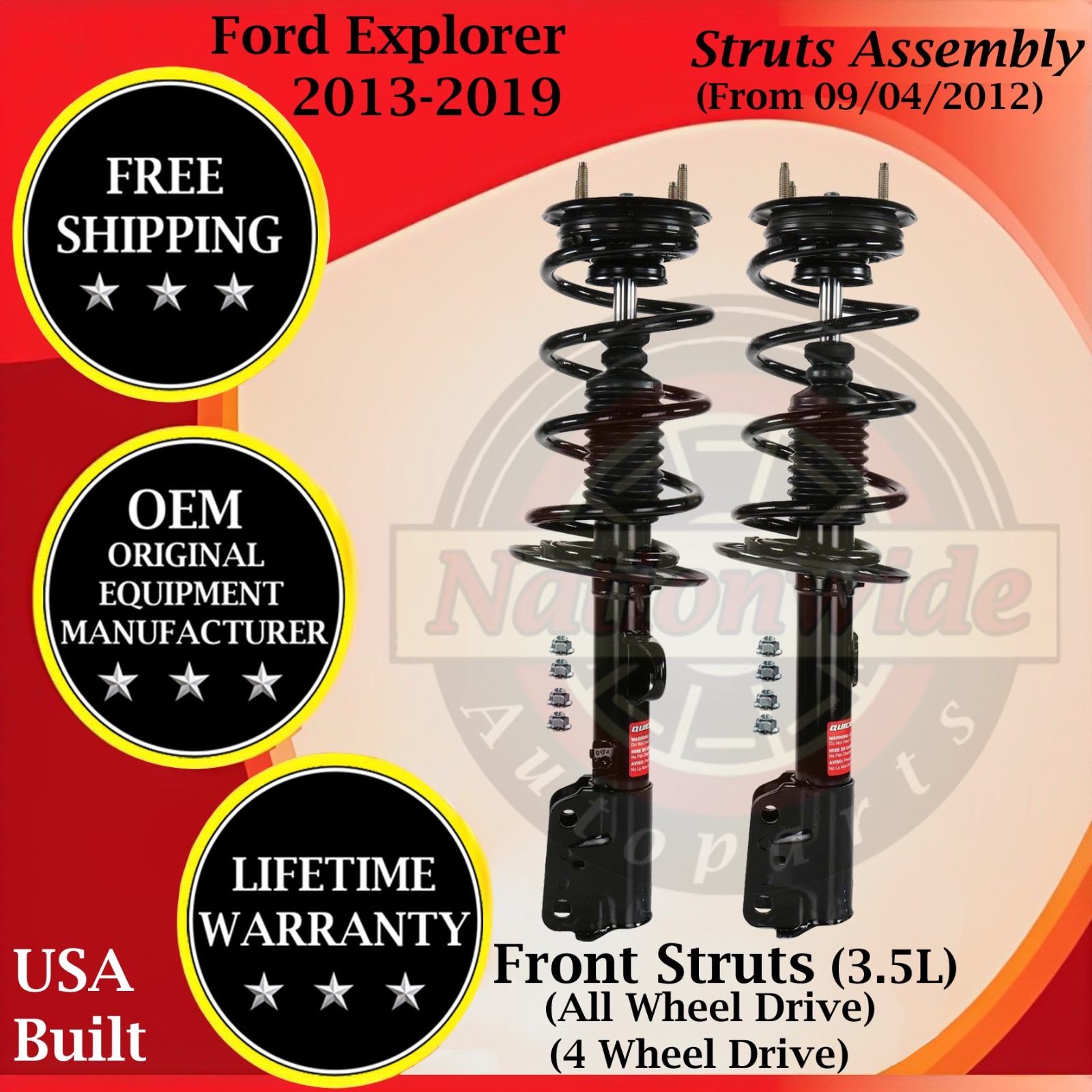 Monroe OEM Front Struts For 2013-2019 Ford Explorer From 09/04/2012 Lifetime Wa.