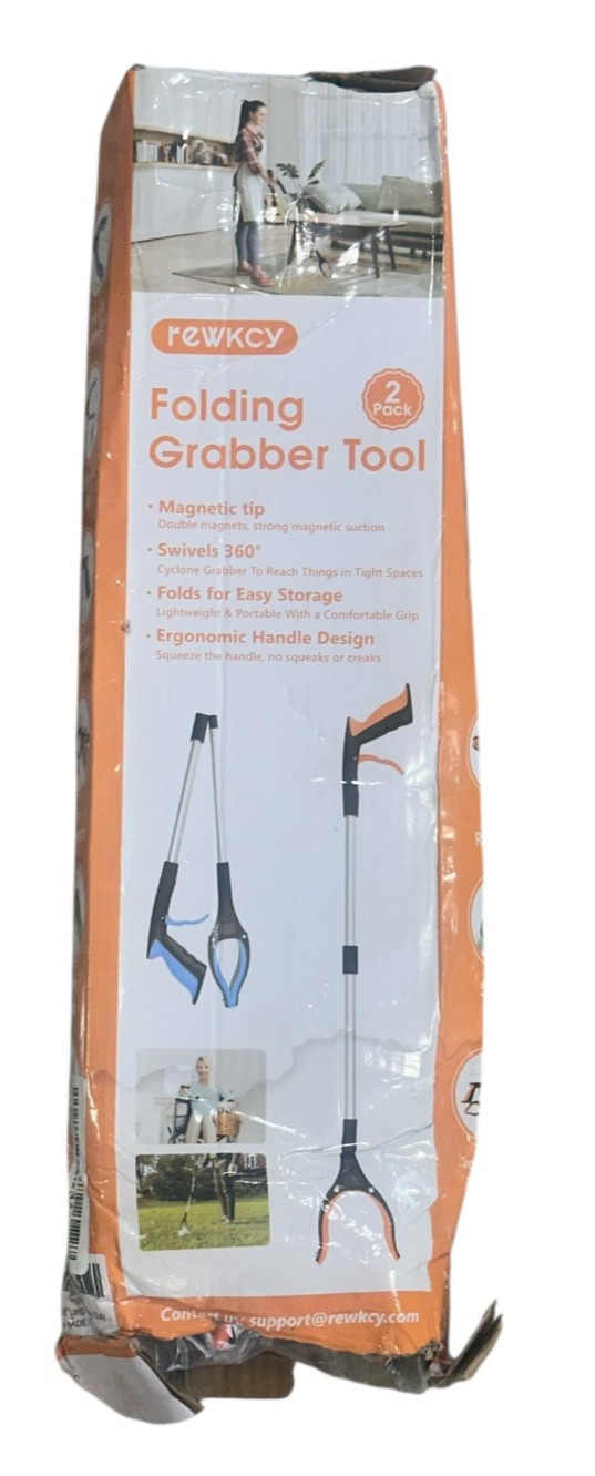 32" Reacher Folder Grabber Pickup Tool 2 Pack, Magnetic, Swivels, Orange/Blue
