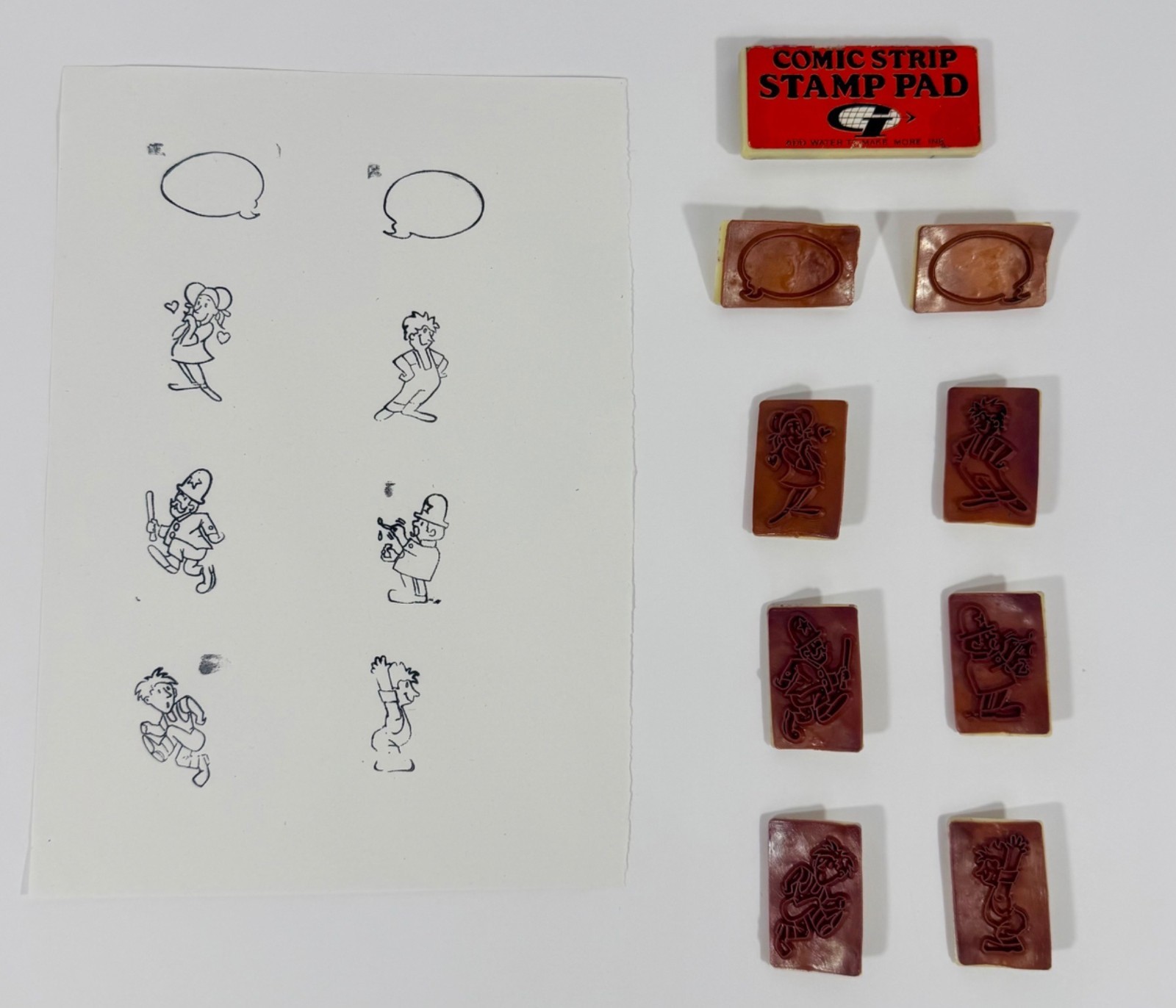 Comic Strip Stamp Pad With 8 Vintage Cartoon Stamps Speech Bubbles Rubber 1960’s